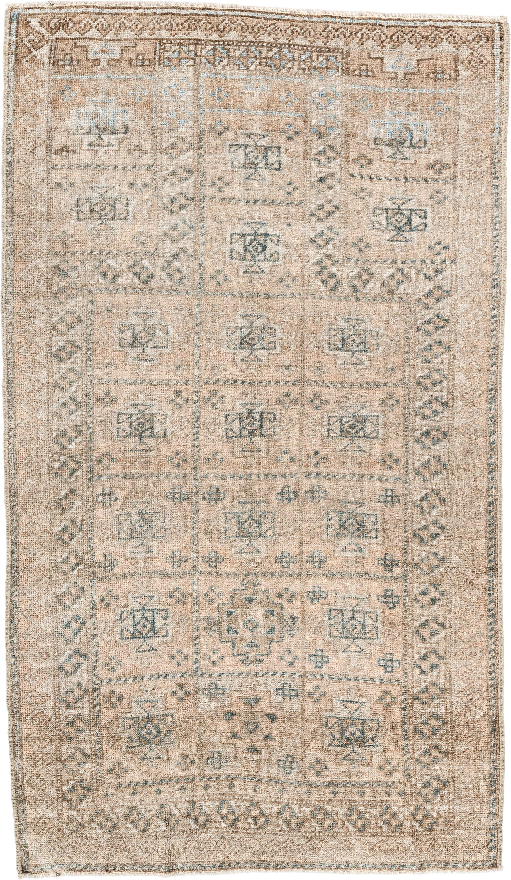 2' x 4' one-of-a-kind handmade vintage Belouch small size rug. Color palette: ivory, taupe, camel, pale blue, brown, sage