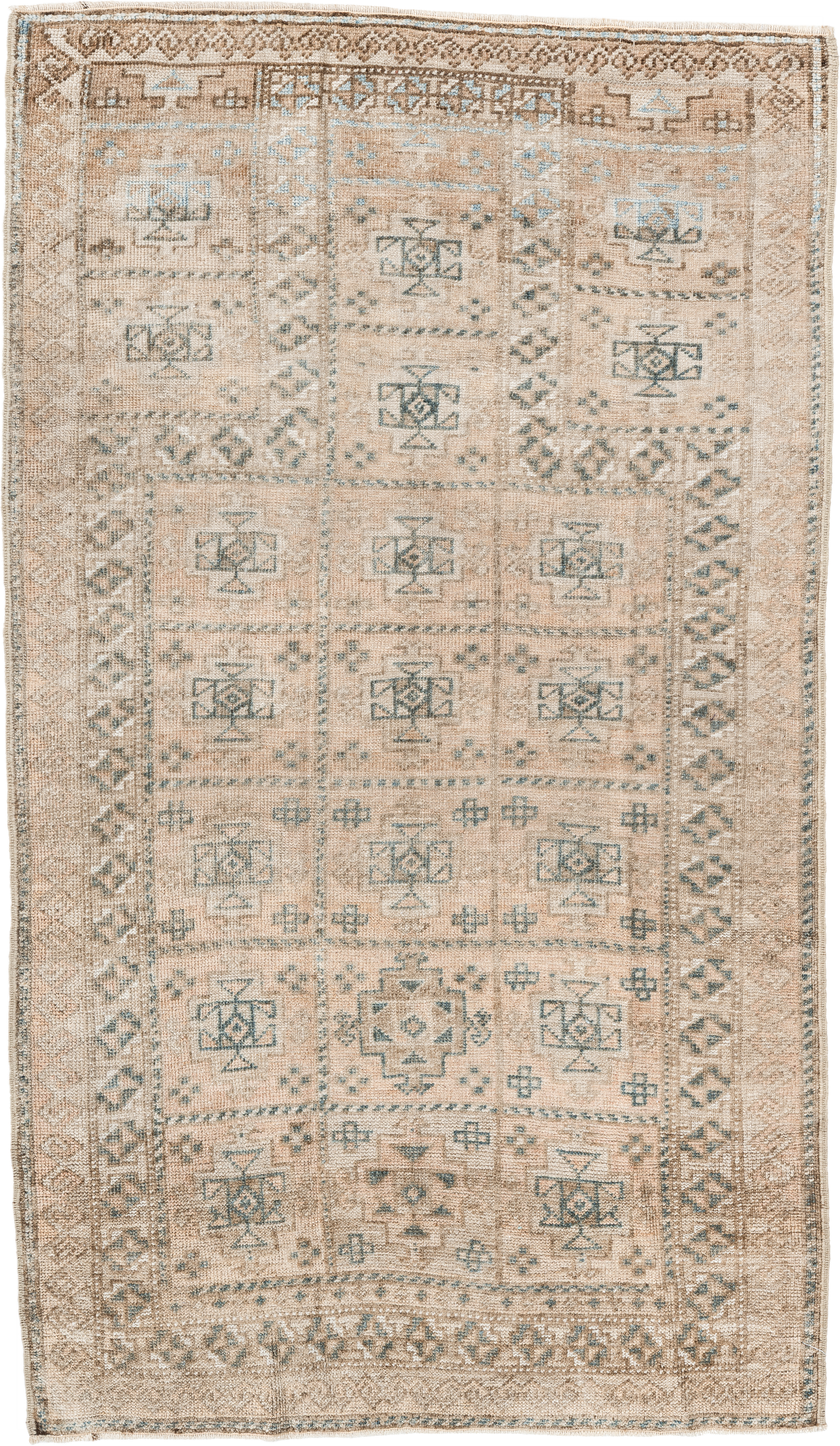2' x 4' one-of-a-kind handmade vintage Belouch small size rug. Color palette: ivory, taupe, camel, pale blue, brown, sage
