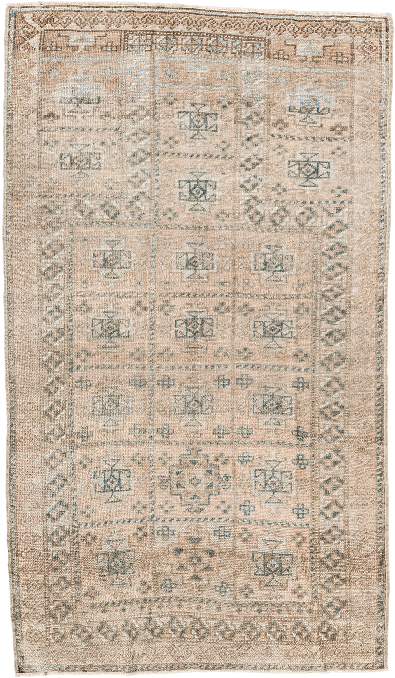 2' x 4' one-of-a-kind handmade vintage Belouch small size rug. Color palette: ivory, taupe, camel, pale blue, brown, sage