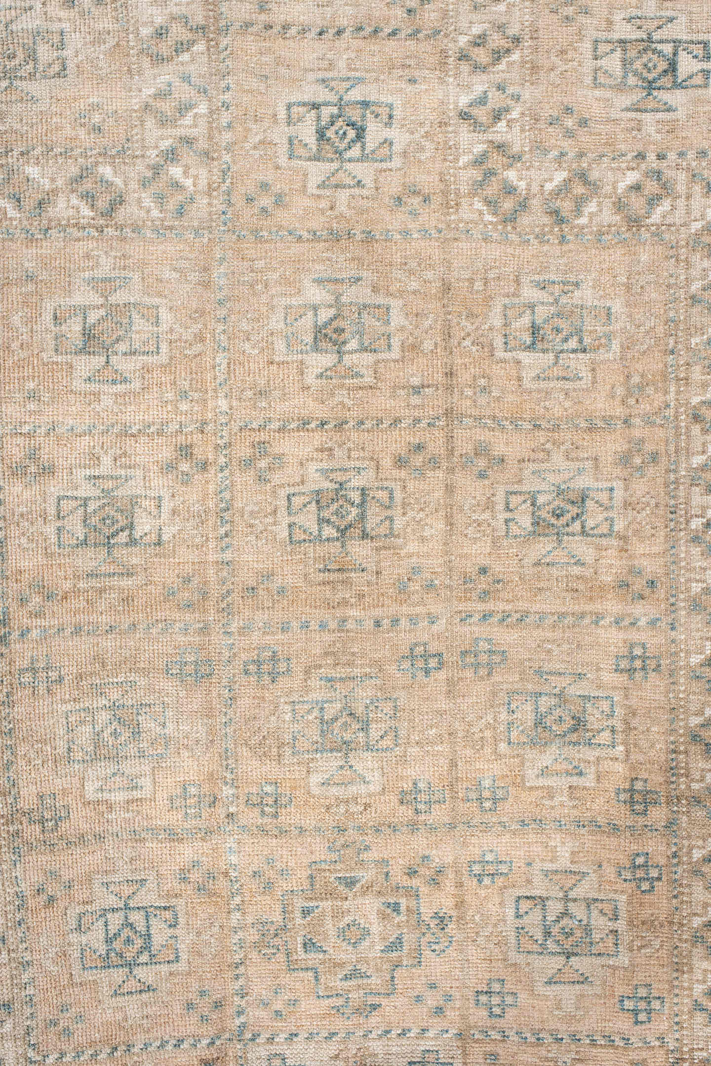 2' x 4' one-of-a-kind handmade vintage Belouch small size rug. Color palette: ivory, taupe, camel, pale blue, brown, sage