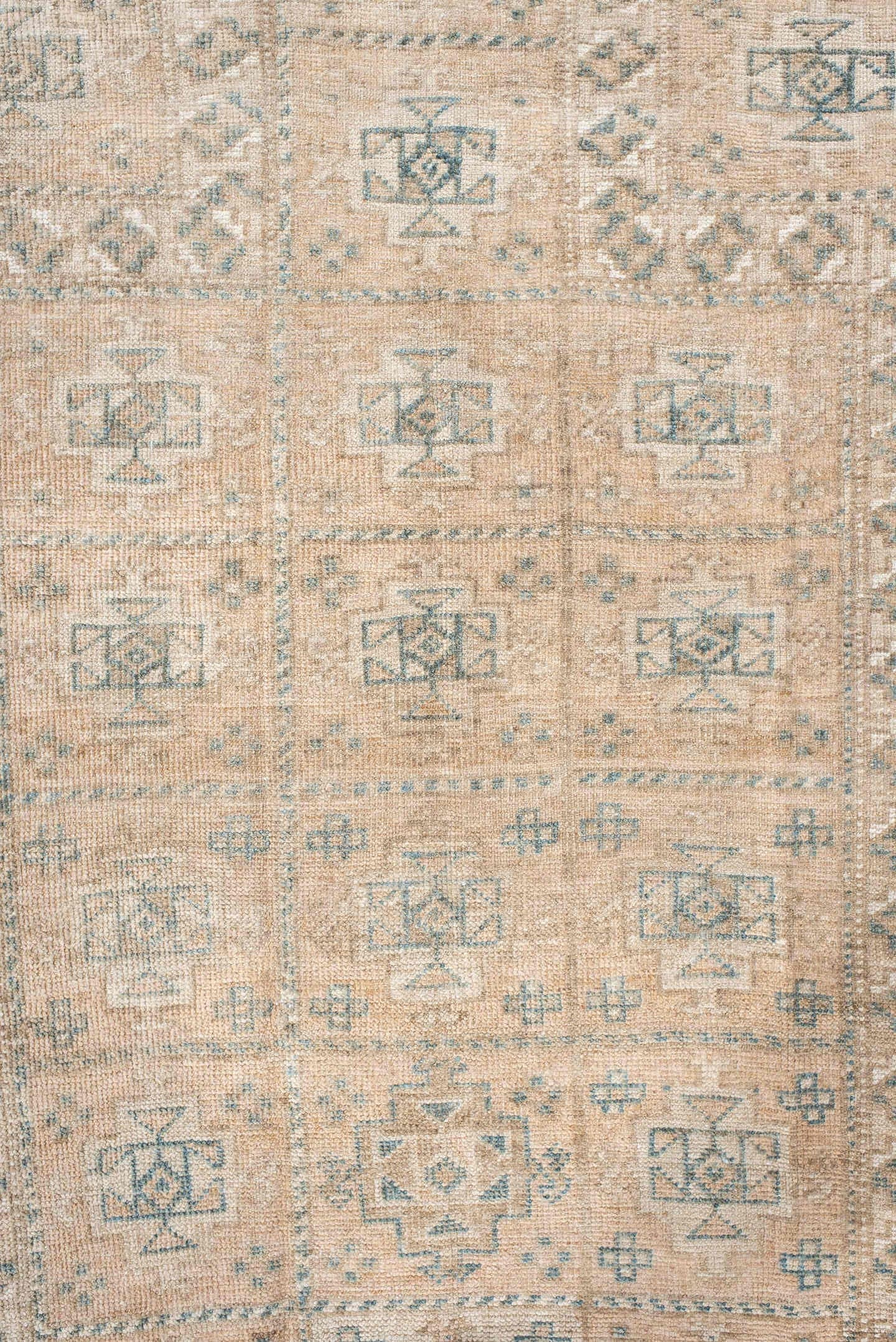 2' x 4' one-of-a-kind handmade vintage Belouch small size rug. Color palette: ivory, taupe, camel, pale blue, brown, sage