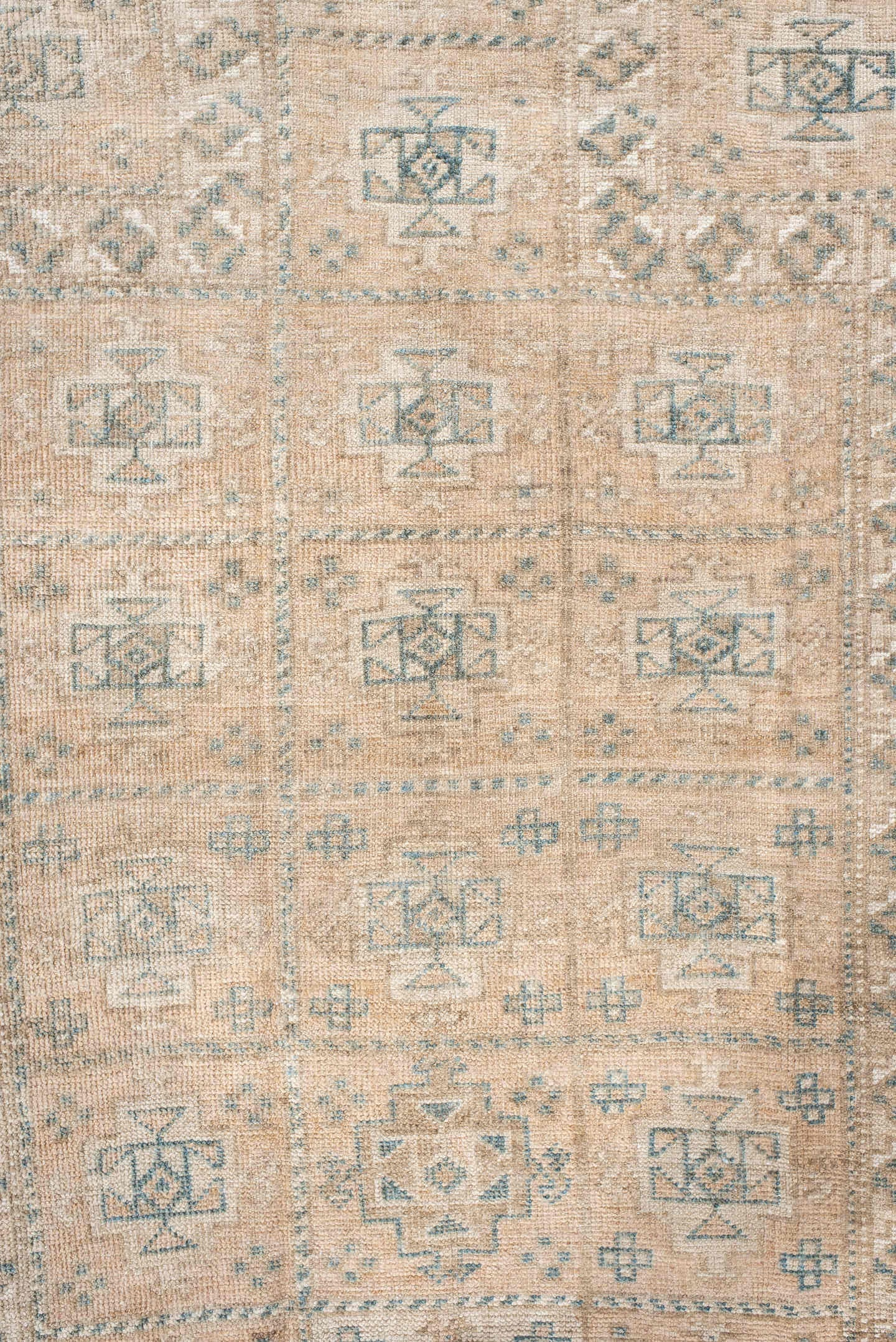 2' x 4' one-of-a-kind handmade vintage Belouch small size rug. Color palette: ivory, taupe, camel, pale blue, brown, sage