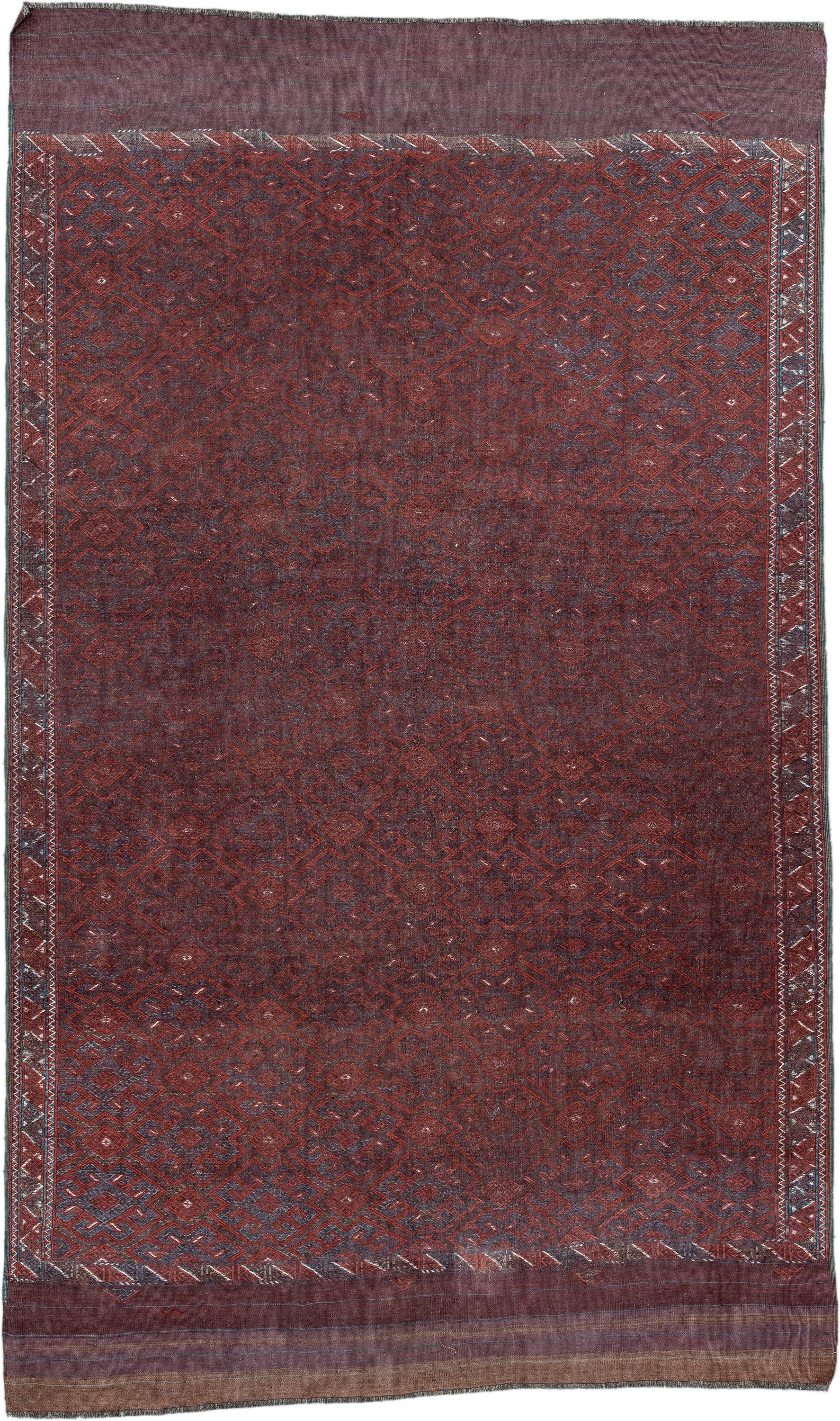 6' x 10' one-of-a-kind handmade vintage Kilim large size rug. Color palette: burgundy, rust, indigo, plum, charcoal, taupe