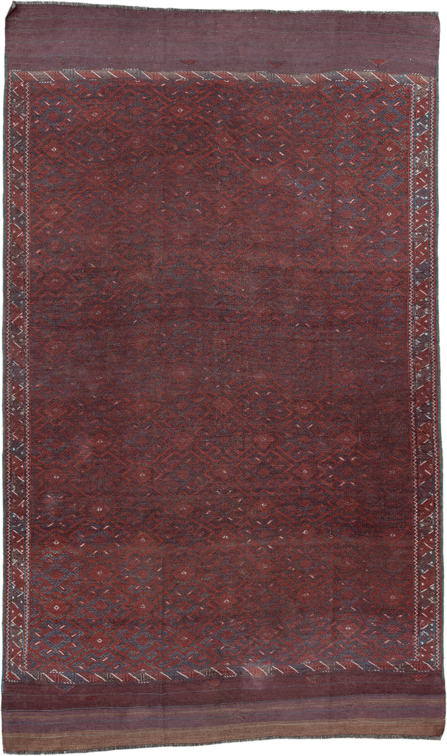 6' x 10' one-of-a-kind handmade vintage Kilim large size rug. Color palette: burgundy, rust, indigo, plum, charcoal, taupe