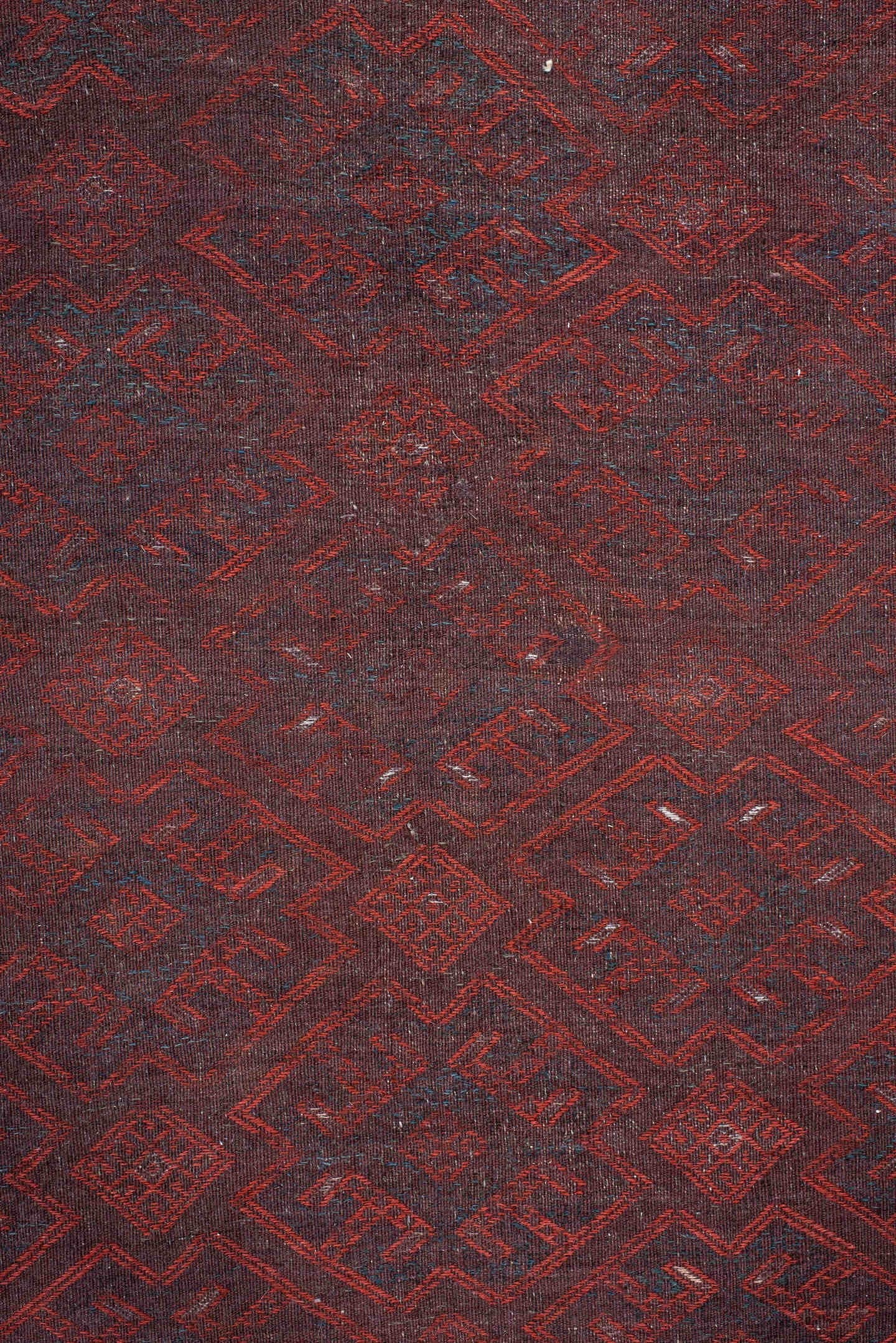 6' x 10' one-of-a-kind handmade vintage Kilim large size rug. Color palette: burgundy, rust, indigo, plum, charcoal, taupe