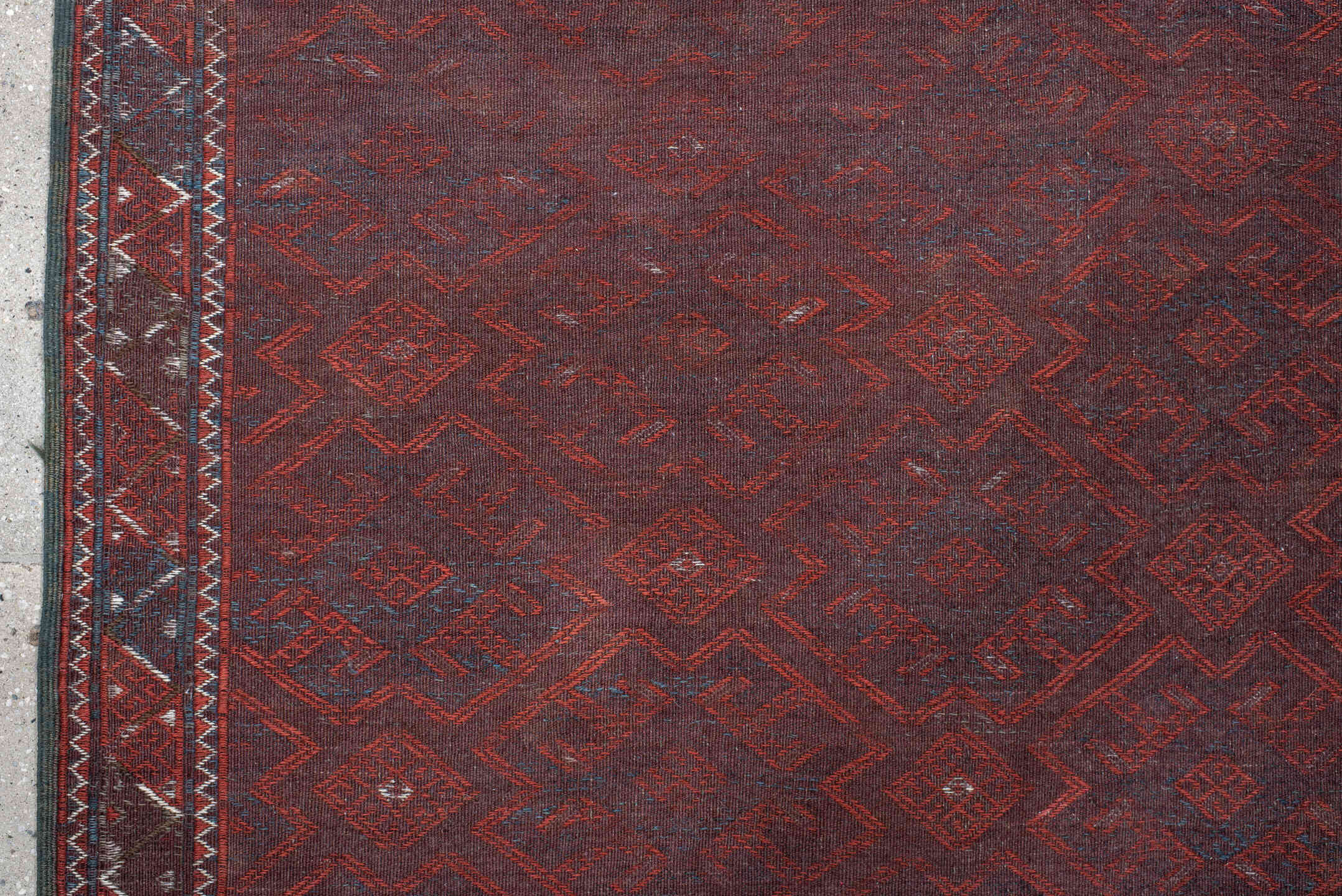 6' x 10' one-of-a-kind handmade vintage Kilim large size rug. Color palette: burgundy, rust, indigo, plum, charcoal, taupe