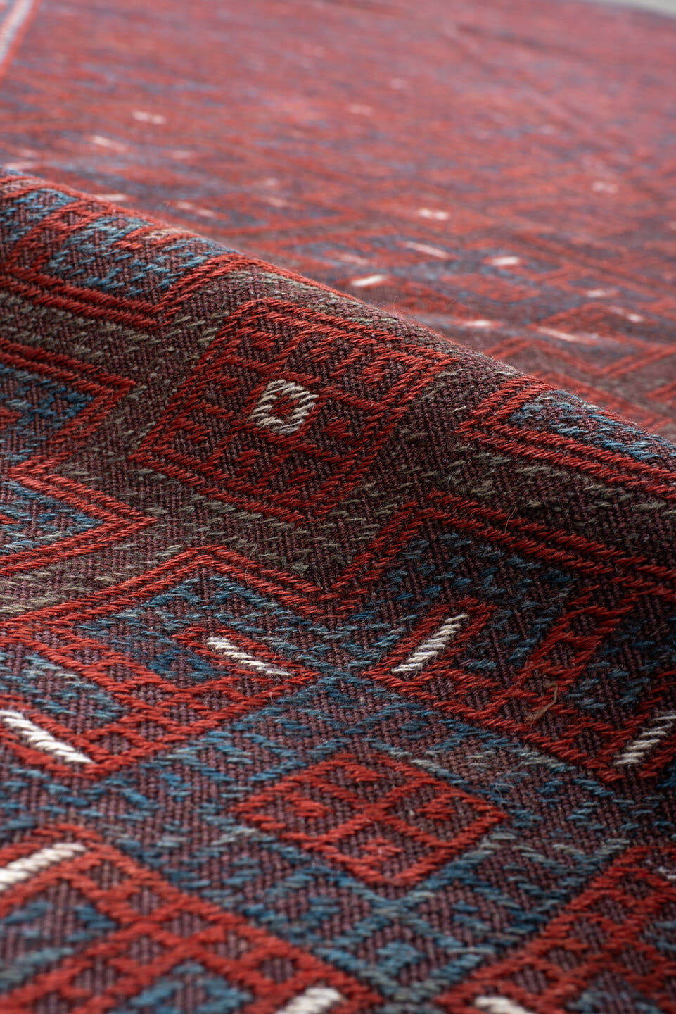 6' x 10' one-of-a-kind handmade vintage Kilim large size rug. Color palette: burgundy, rust, indigo, plum, charcoal, taupe