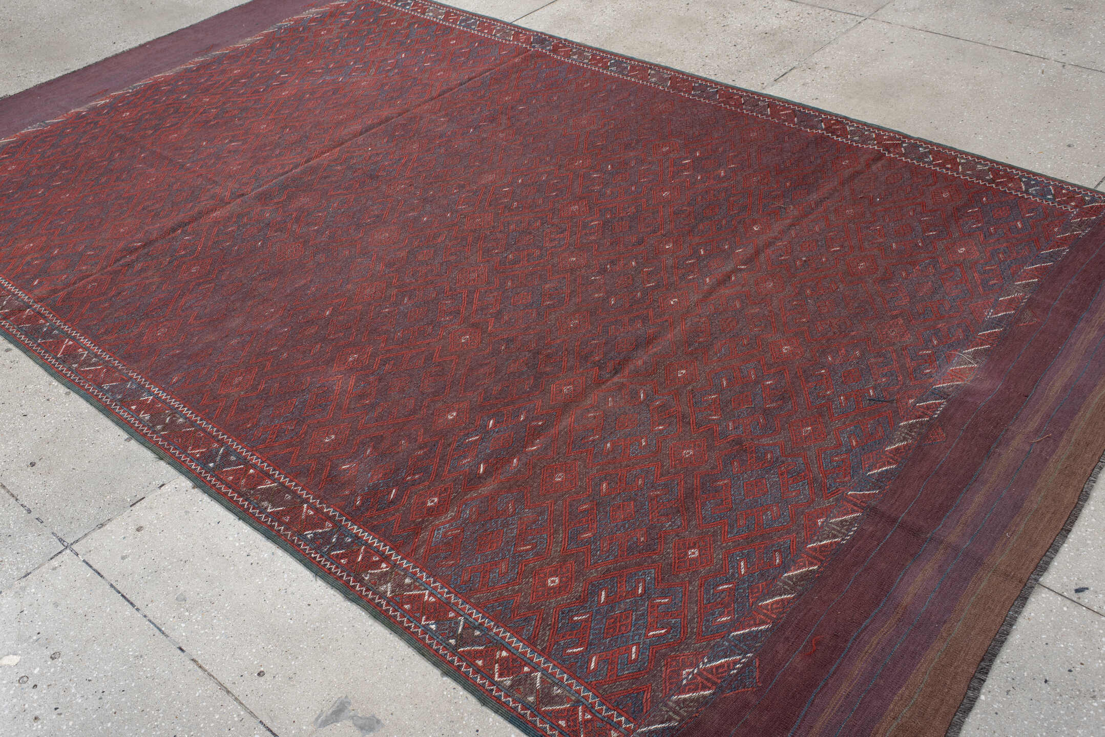 6' x 10' one-of-a-kind handmade vintage Kilim large size rug. Color palette: burgundy, rust, indigo, plum, charcoal, taupe