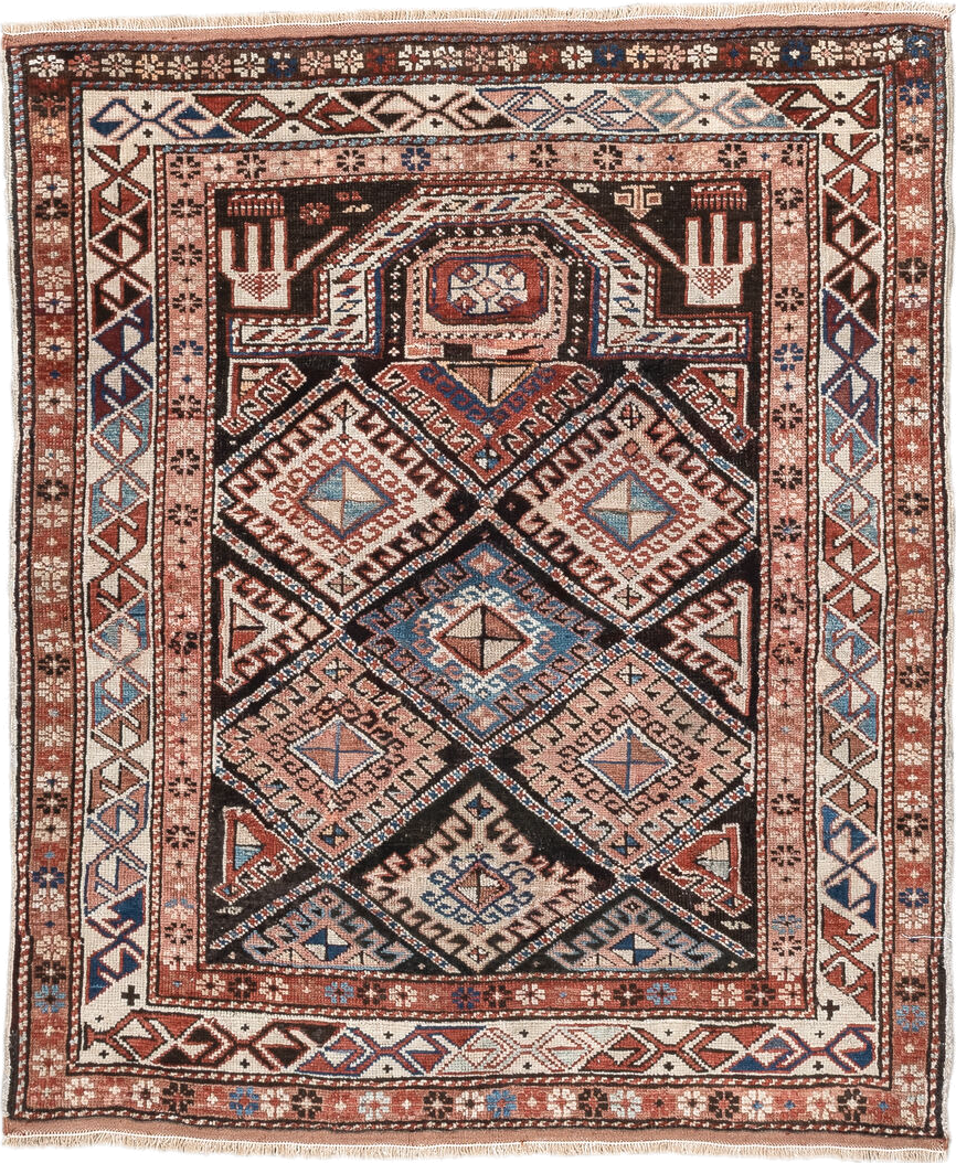 2' x 3' one-of-a-kind handmade vintage Shirvan small size rug. Color palette: antiquewhite, black, blue, brown, dim gray