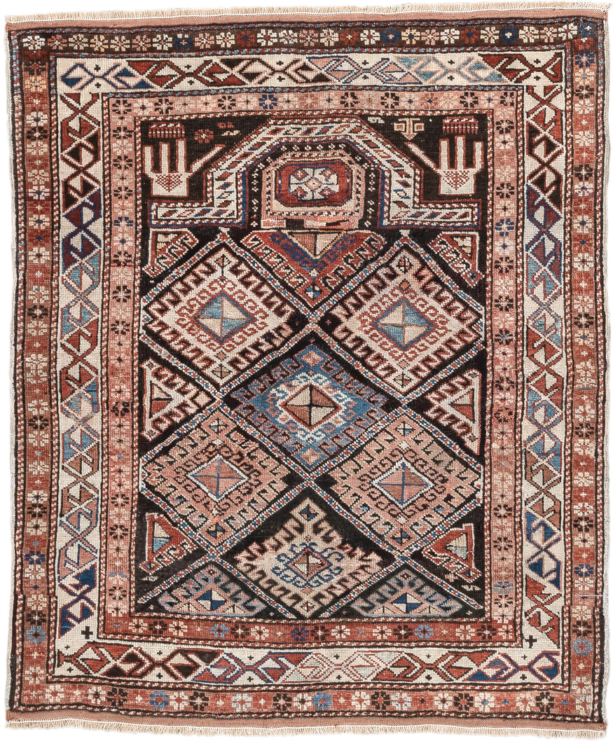 2' x 3' one-of-a-kind handmade antique Shirvan small size rug. Color palette: ivory, rust, brown, sky blue, navy, black