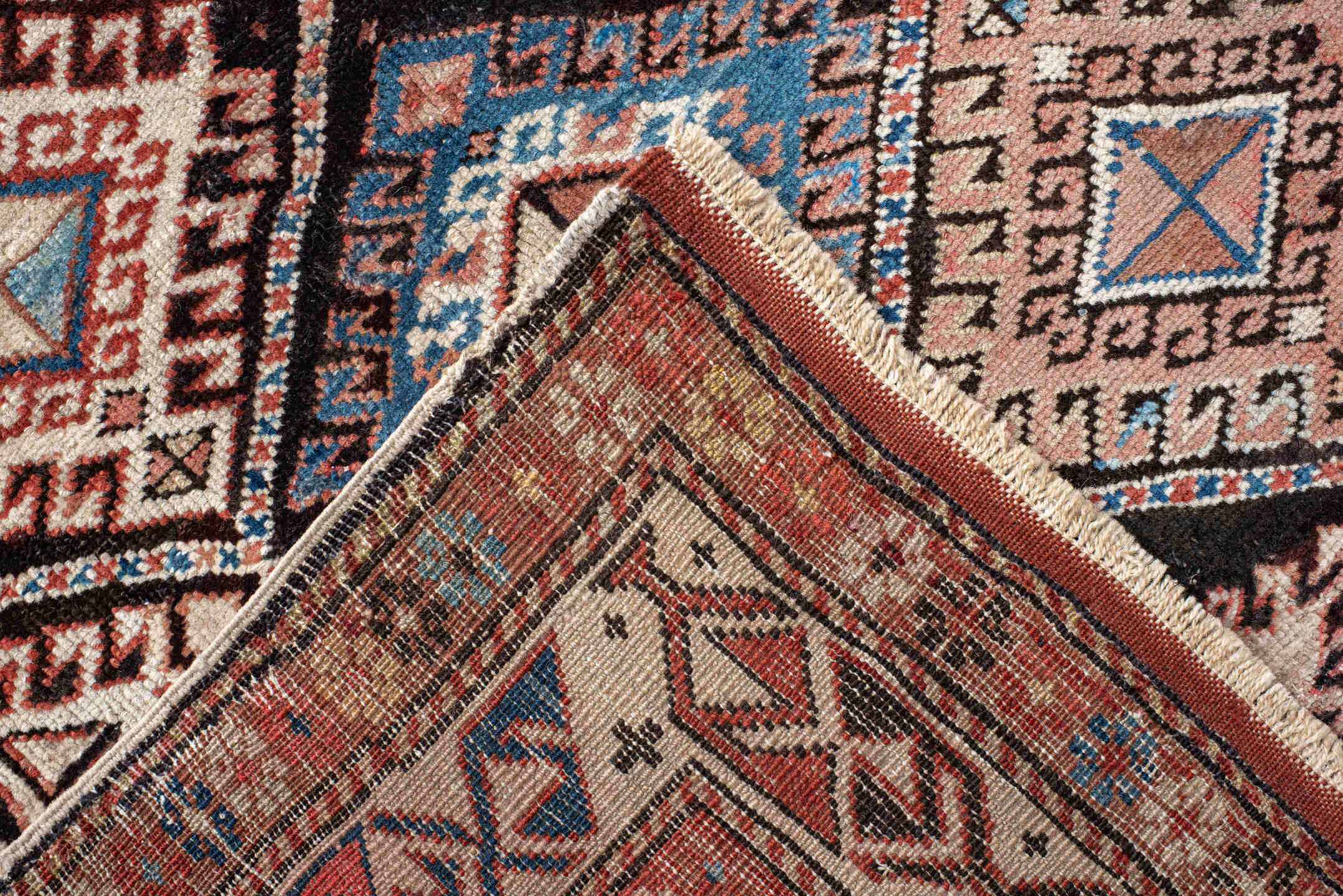 2' x 3' one-of-a-kind handmade antique Shirvan small size rug. Color palette: ivory, rust, brown, sky blue, navy, black