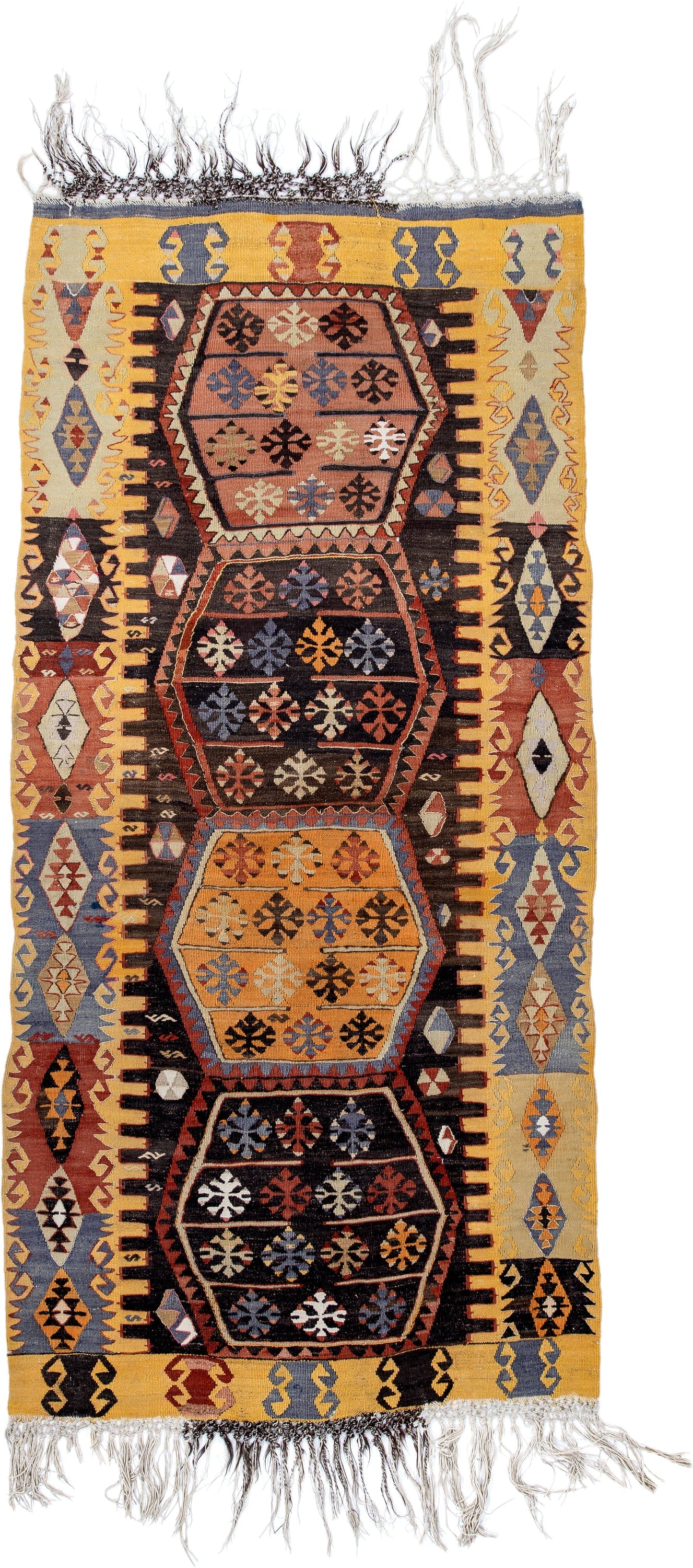 3' x 7' one-of-a-kind handmade antique Kilim runner rug. Color palette: gold, brown, ivory, slate, rust, black, camel, blue