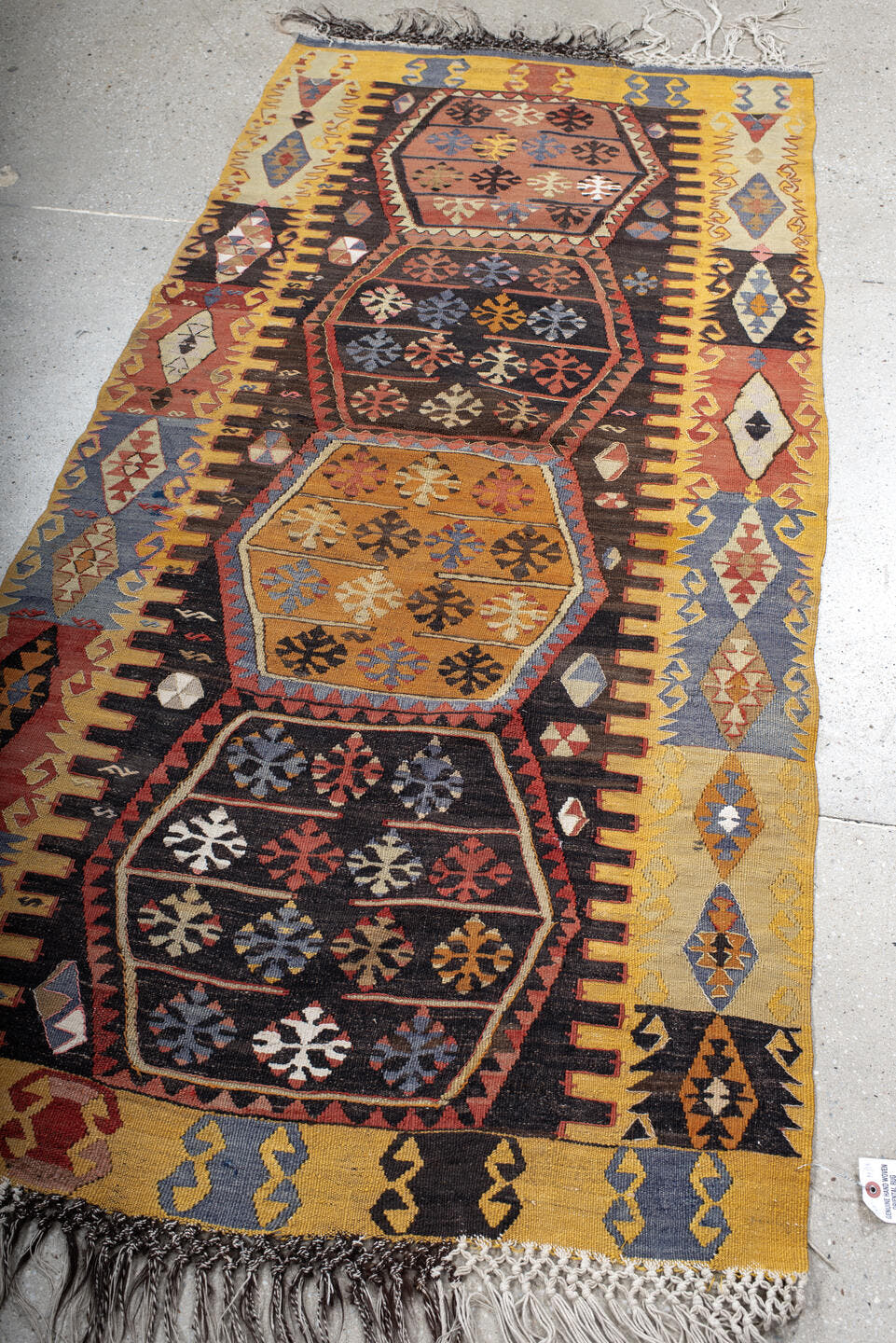 3' x 7' one-of-a-kind handmade antique Kilim runner rug. Color palette: gold, brown, ivory, slate, rust, black, camel, blue