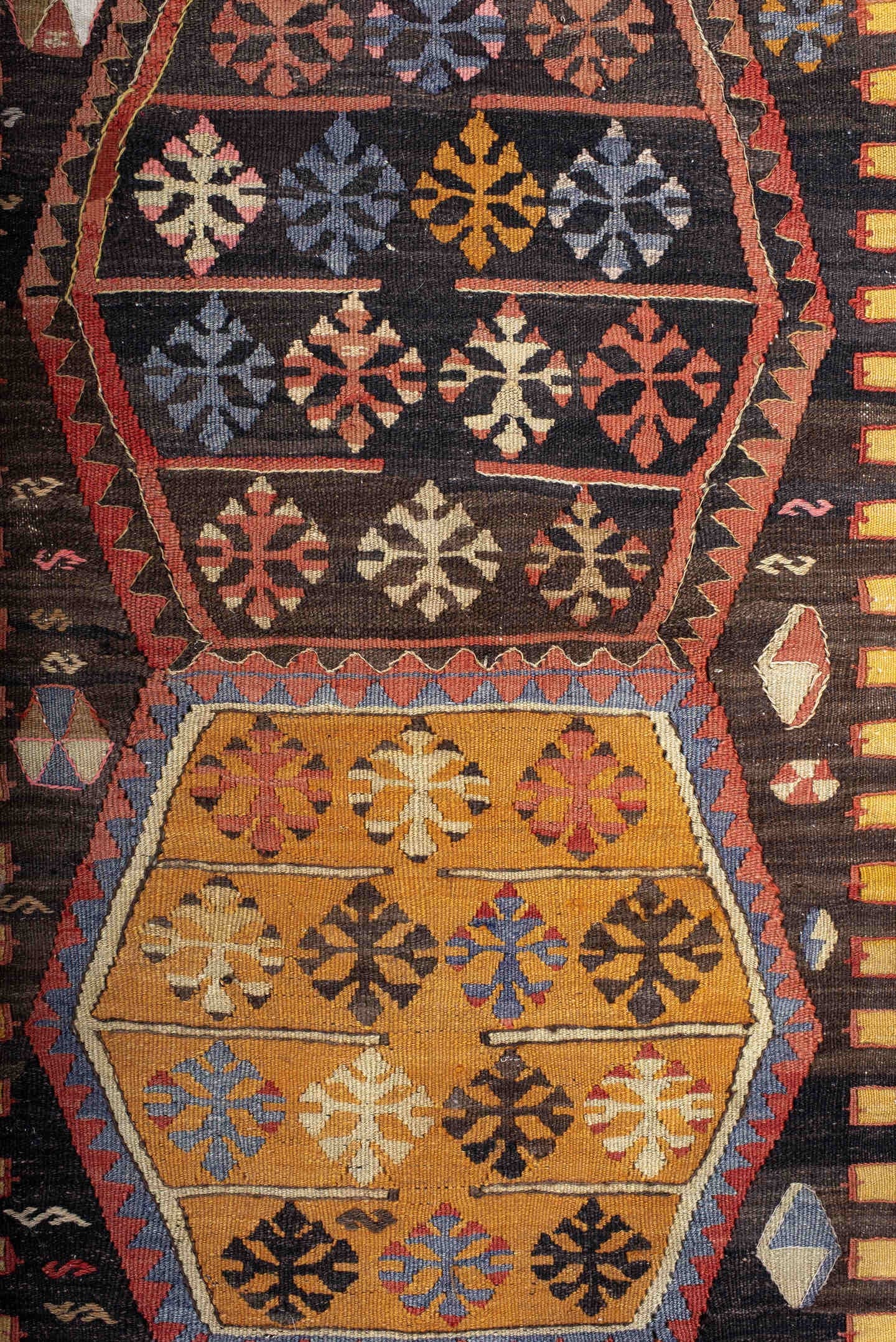 3' x 7' one-of-a-kind handmade antique Kilim runner rug. Color palette: gold, brown, ivory, slate, rust, black, camel, blue