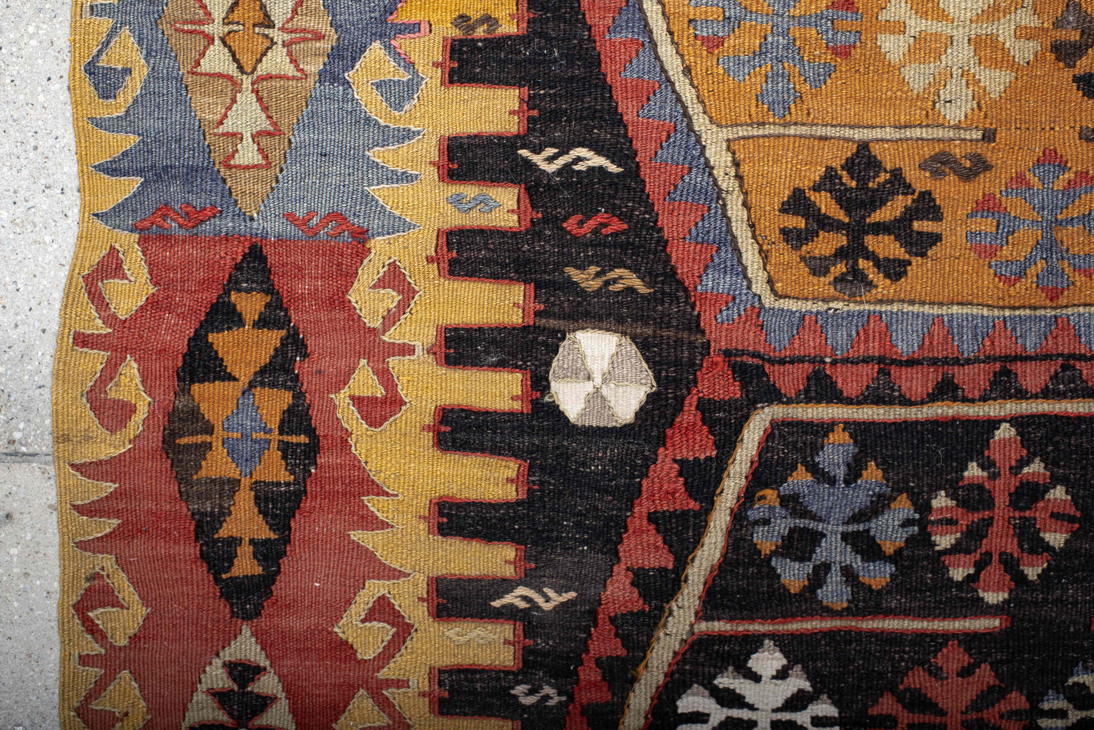3' x 7' one-of-a-kind handmade antique Kilim runner rug. Color palette: gold, brown, ivory, slate, rust, black, camel, blue