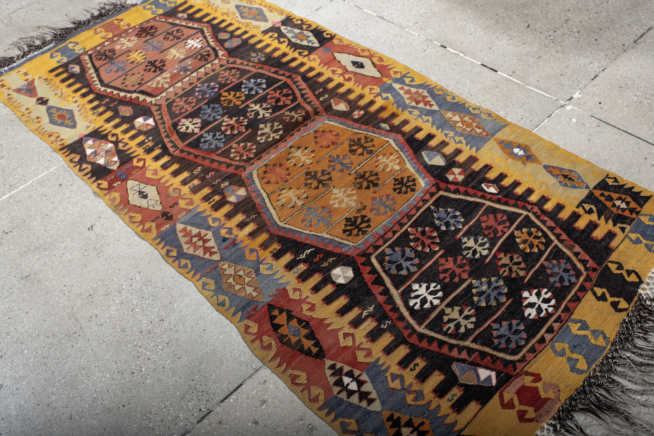 3' x 7' one-of-a-kind handmade antique Kilim runner rug. Color palette: gold, brown, ivory, slate, rust, black, camel, blue