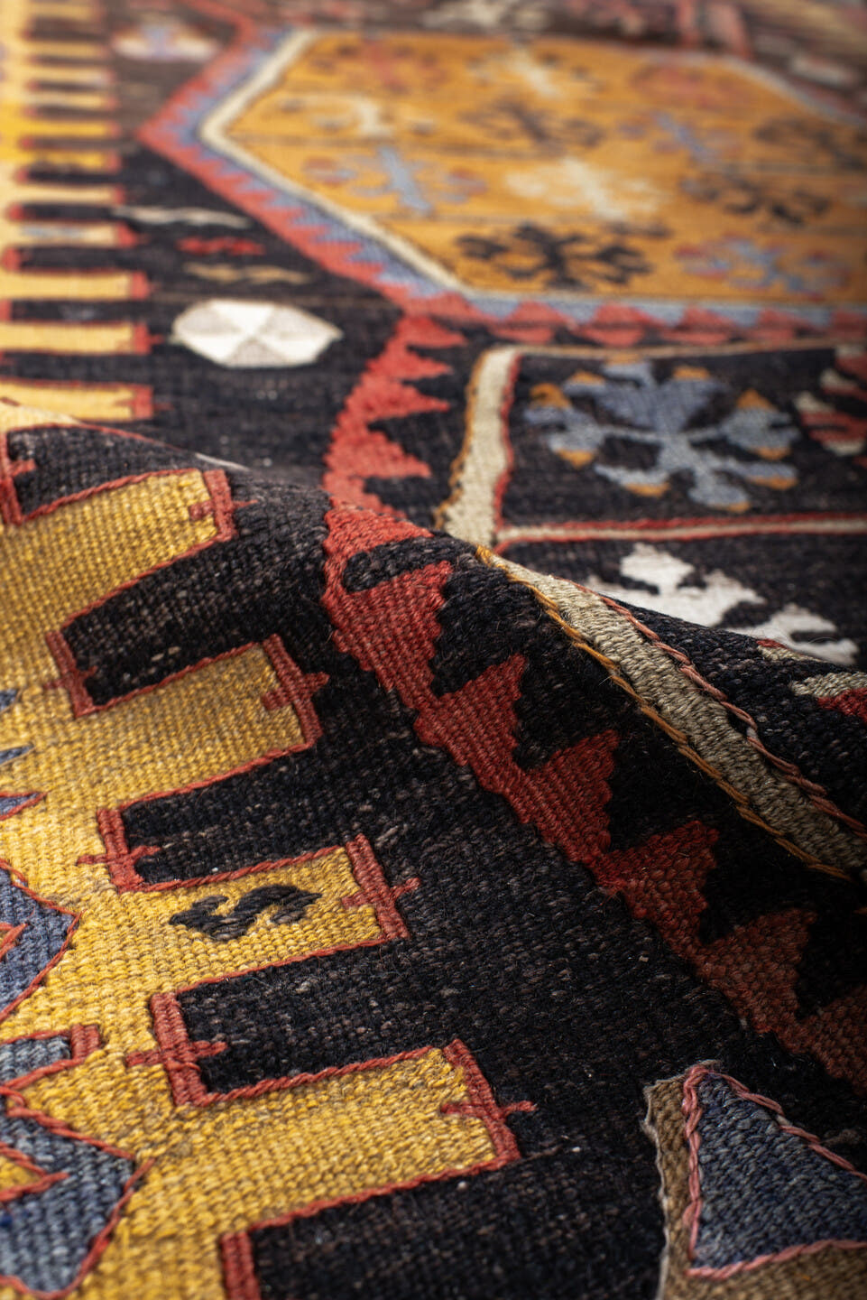 3' x 7' one-of-a-kind handmade antique Kilim runner rug. Color palette: gold, brown, ivory, slate, rust, black, camel, blue