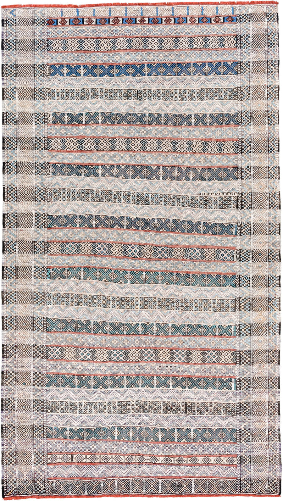 3' x 6' one-of-a-kind handmade vintage Moroccan small size rug. Color palette: ivory, indigo, sky blue, charcoal, rust