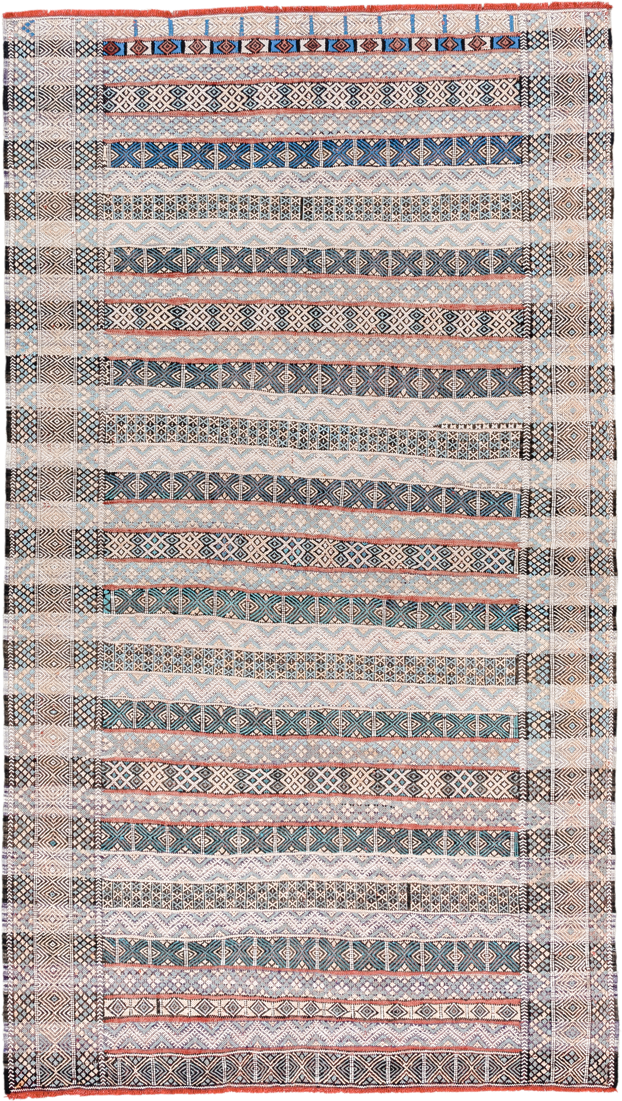 3' x 6' one-of-a-kind handmade vintage Moroccan small size rug. Color palette: ivory, indigo, sky blue, charcoal, rust