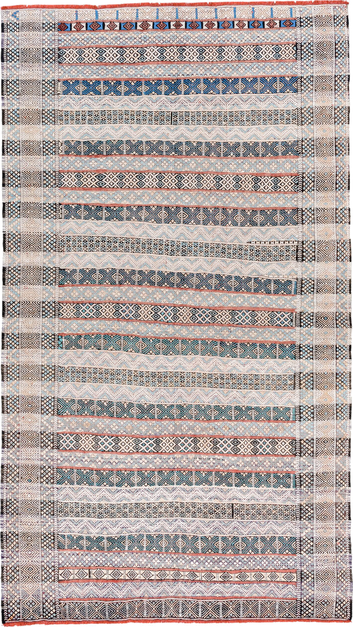 3' x 6' one-of-a-kind handmade vintage Moroccan small size rug. Color palette: black, blue, brown, fiord, gainsboro, gray