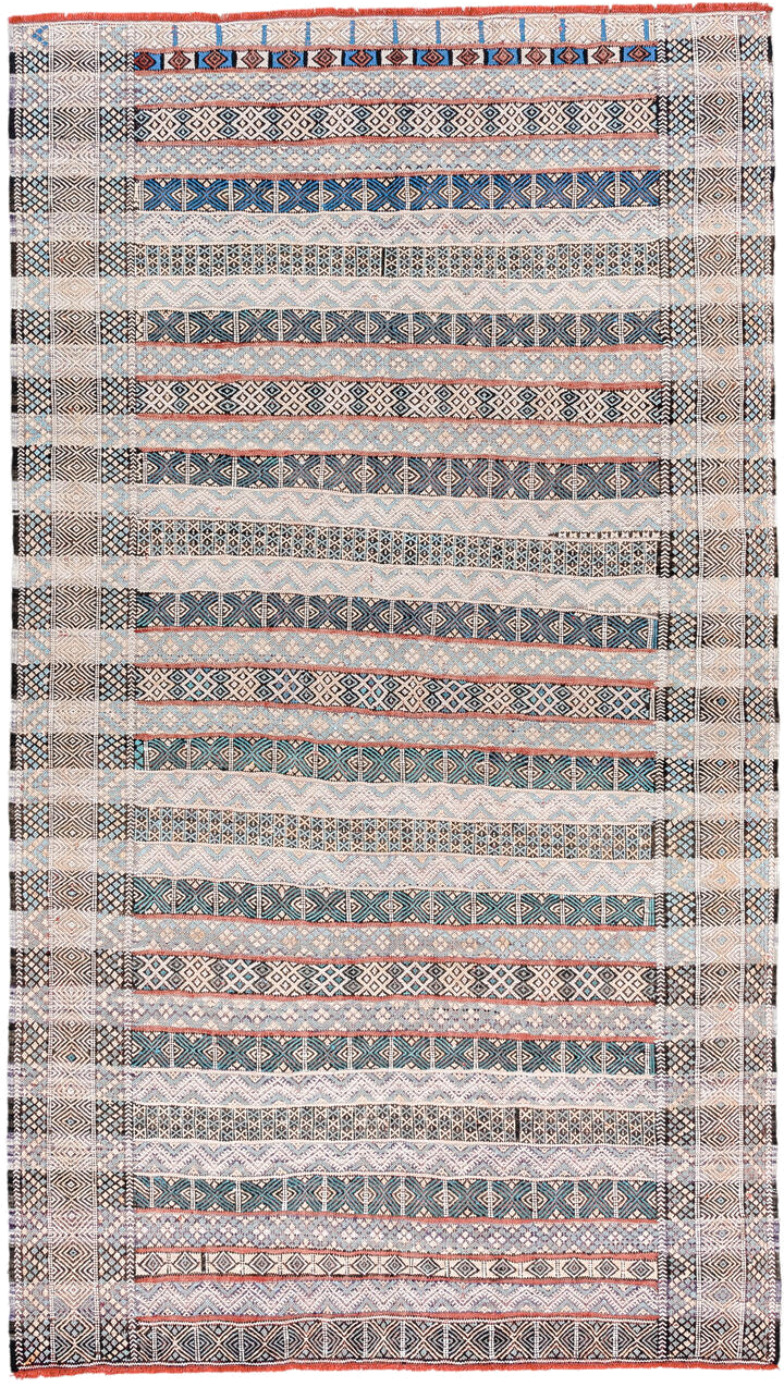 3' x 6' one-of-a-kind handmade vintage Moroccan small size rug. Color palette: ivory, indigo, sky blue, charcoal, rust