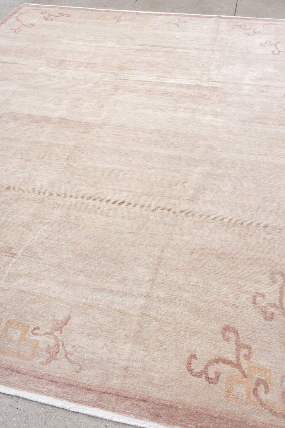 8' x 11' one-of-a-kind handmade vintage Tibetan large size rug. Color palette: ivory, blush, pale rose, cream, taupe, pink
