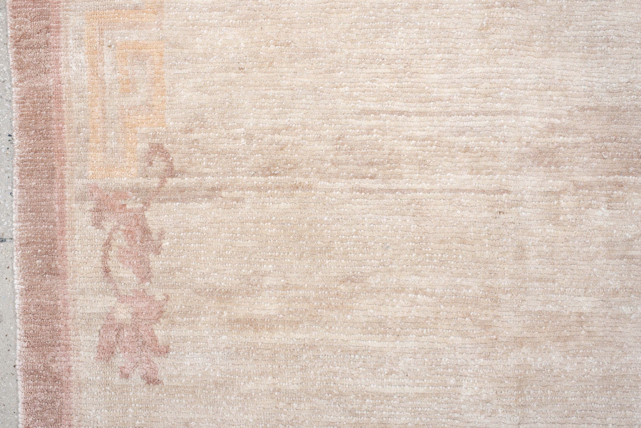 8' x 11' one-of-a-kind handmade vintage Tibetan large size rug. Color palette: ivory, blush, pale rose, cream, taupe, pink
