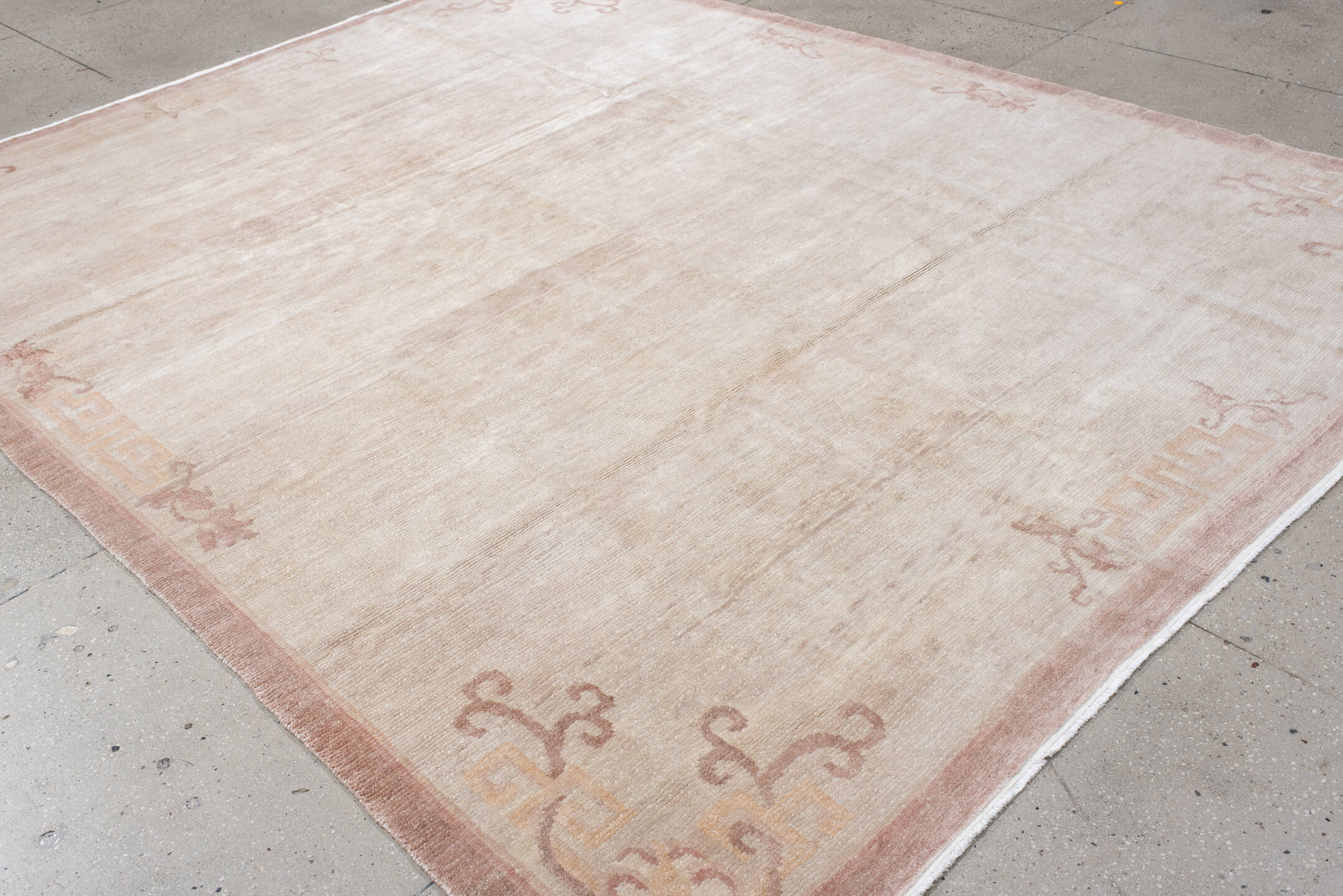 8' x 11' one-of-a-kind handmade vintage Tibetan large size rug. Color palette: ivory, blush, pale rose, cream, taupe, pink
