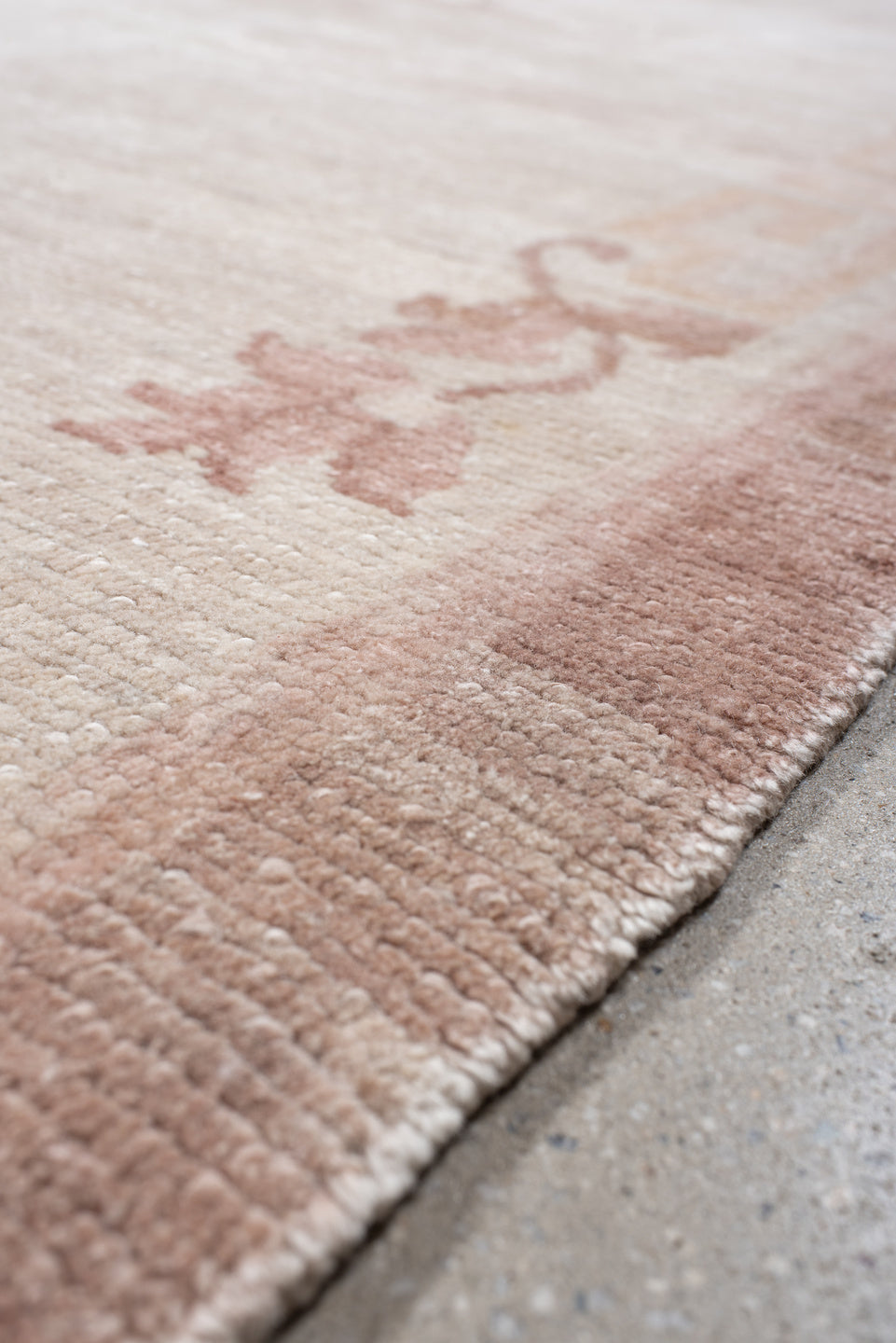 8' x 11' one-of-a-kind handmade vintage Tibetan large size rug. Color palette: ivory, blush, pale rose, cream, taupe, pink