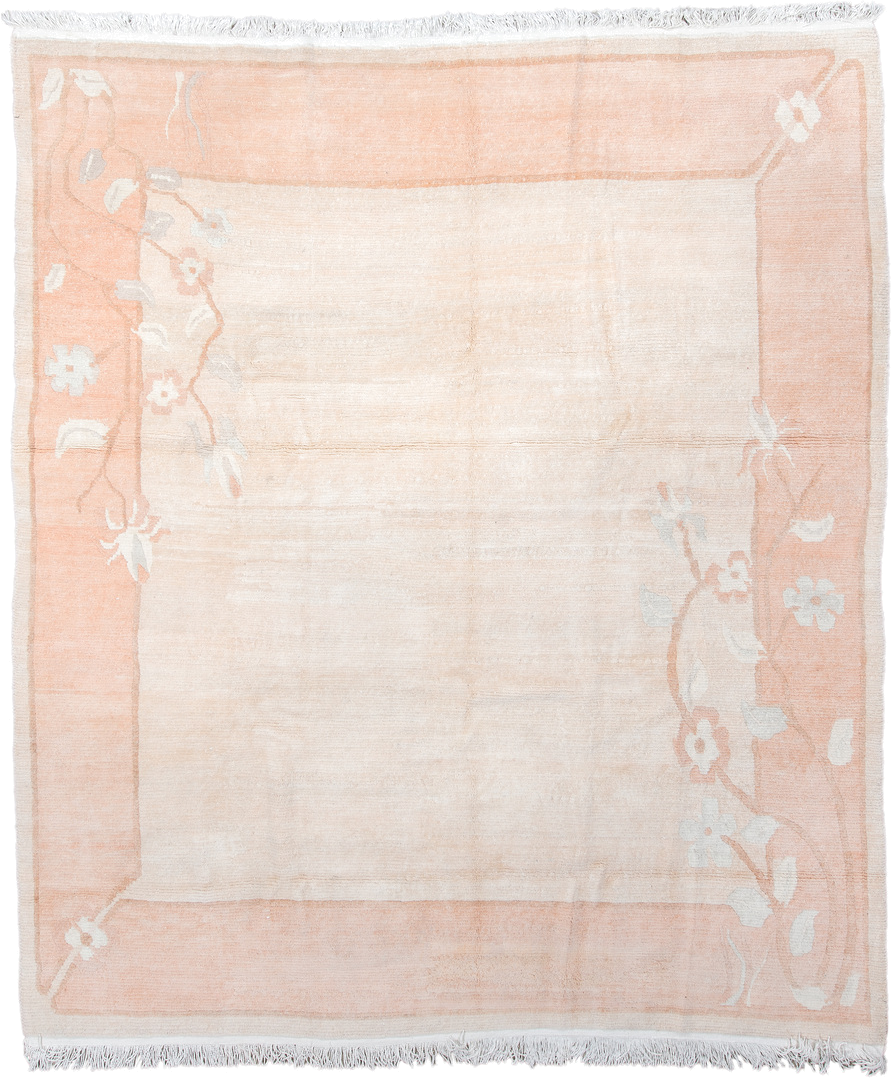 8' x 9' one-of-a-kind handmade vintage Tibetan rug. Color palette: ivory, blush, peach, cream, taupe, pink, terracotta