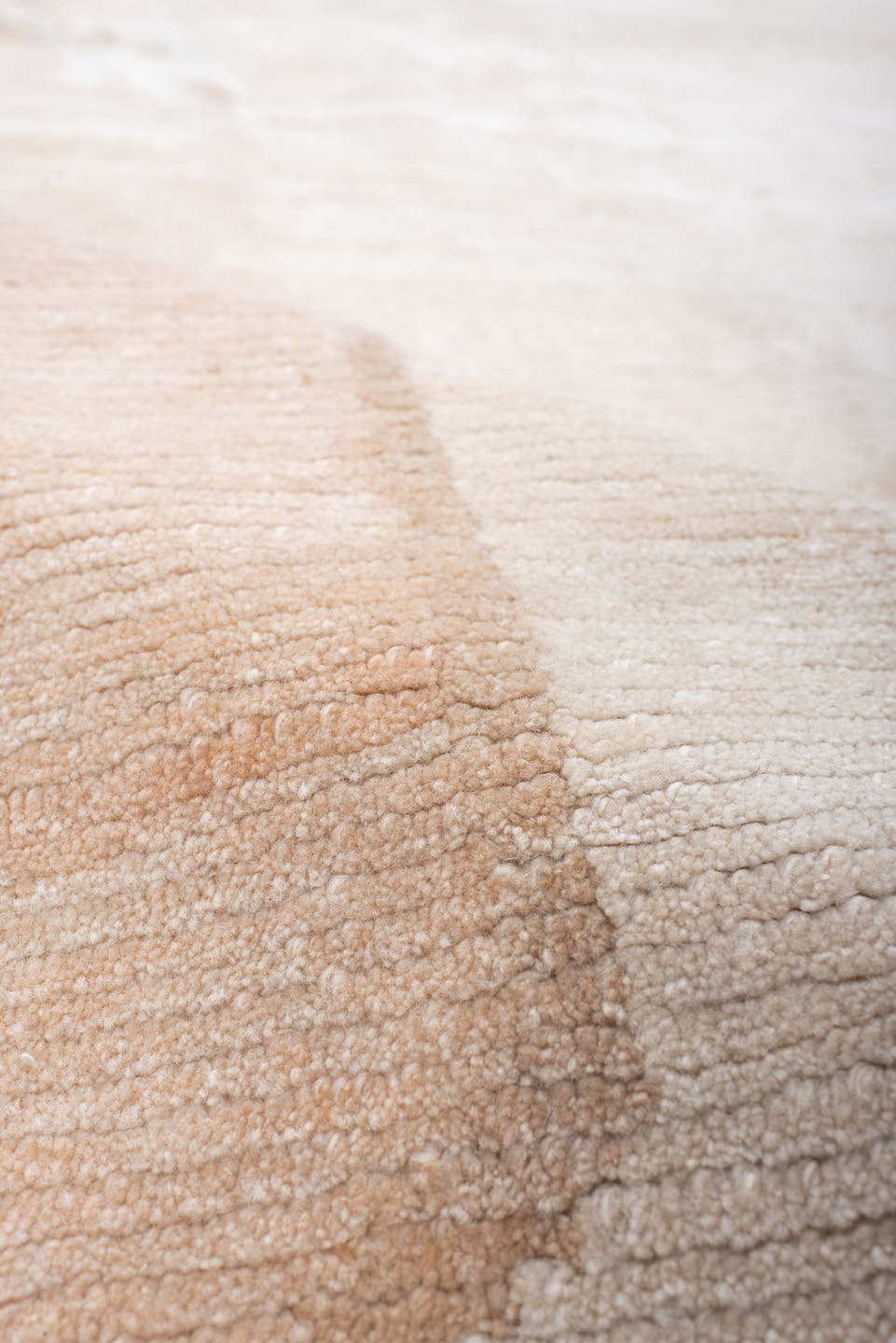 8' x 9' one-of-a-kind handmade vintage Tibetan rug. Color palette: ivory, blush, peach, cream, taupe, pink, terracotta