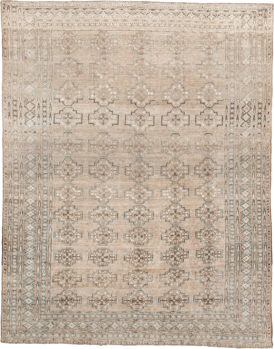 7' x 9' one-of-a-kind handmade antique Afghan rug. Color palette: ivory, taupe, pale blue, beige, camel, light brown, gray