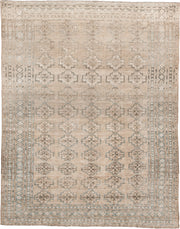 7' x 9' one-of-a-kind handmade antique Afghan rug. Color palette: ivory, taupe, pale blue, beige, camel, light brown, gray
