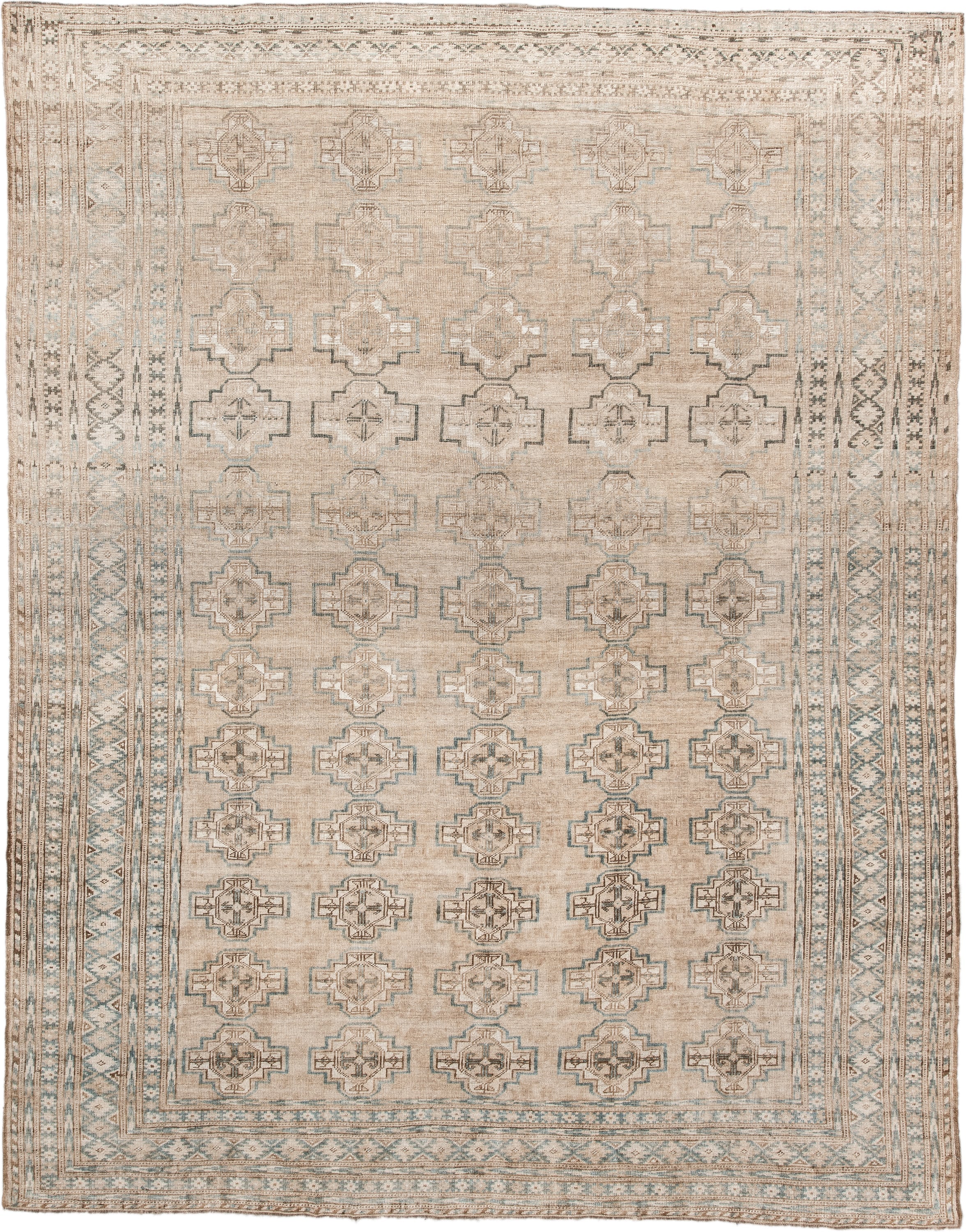 7' x 9' one-of-a-kind handmade antique Afghan rug. Color palette: ivory, taupe, pale blue, beige, camel, light brown, gray