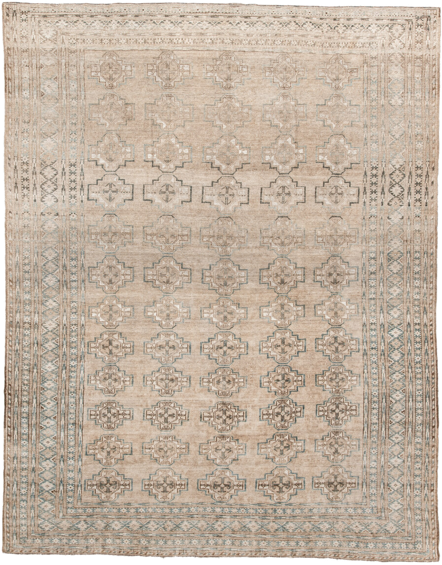 7' x 9' one-of-a-kind handmade antique Afghan rug. Color palette: ivory, taupe, pale blue, beige, camel, light brown, gray