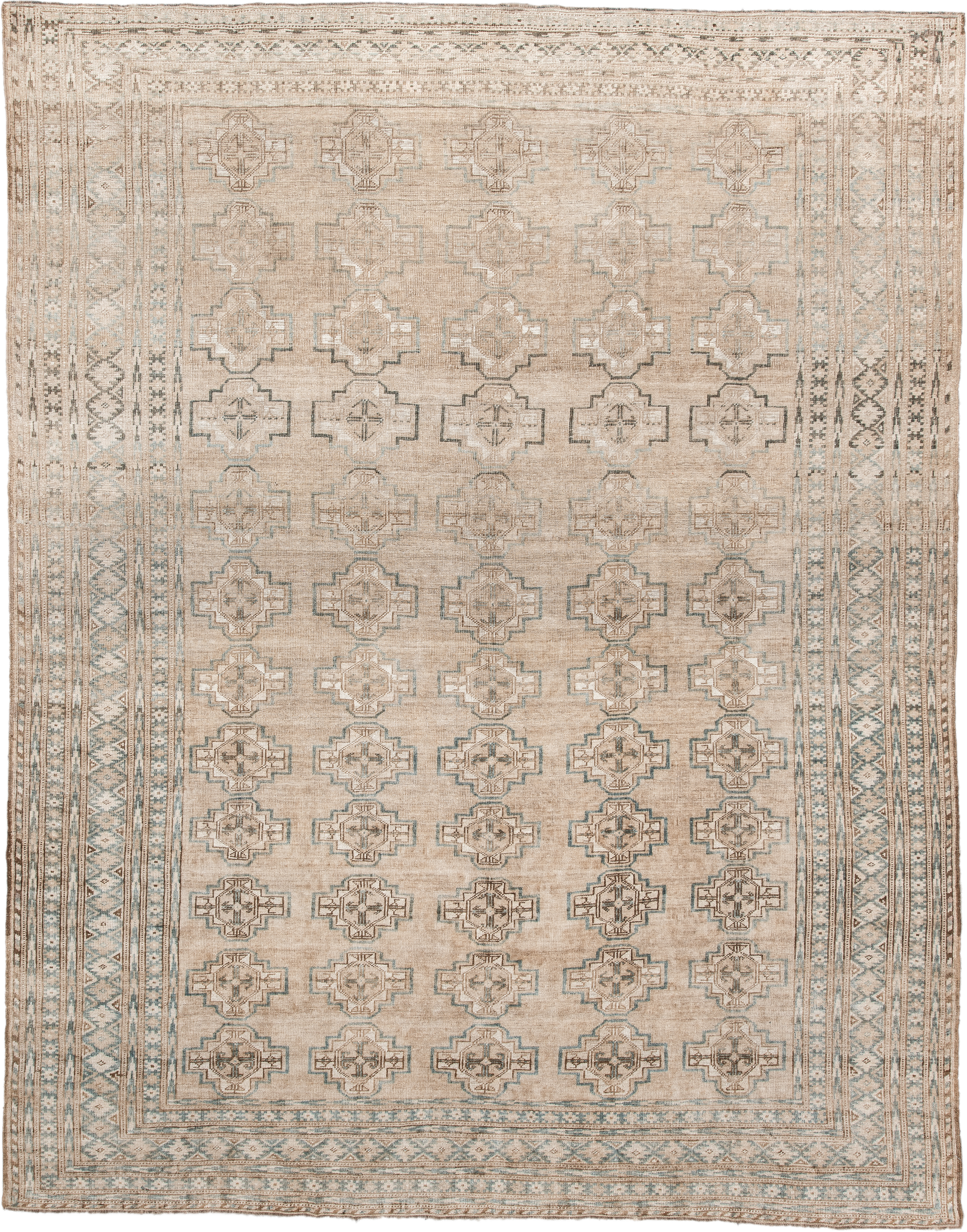 7' x 9' one-of-a-kind handmade antique Afghan rug. Color palette: ivory, taupe, pale blue, beige, camel, light brown, gray