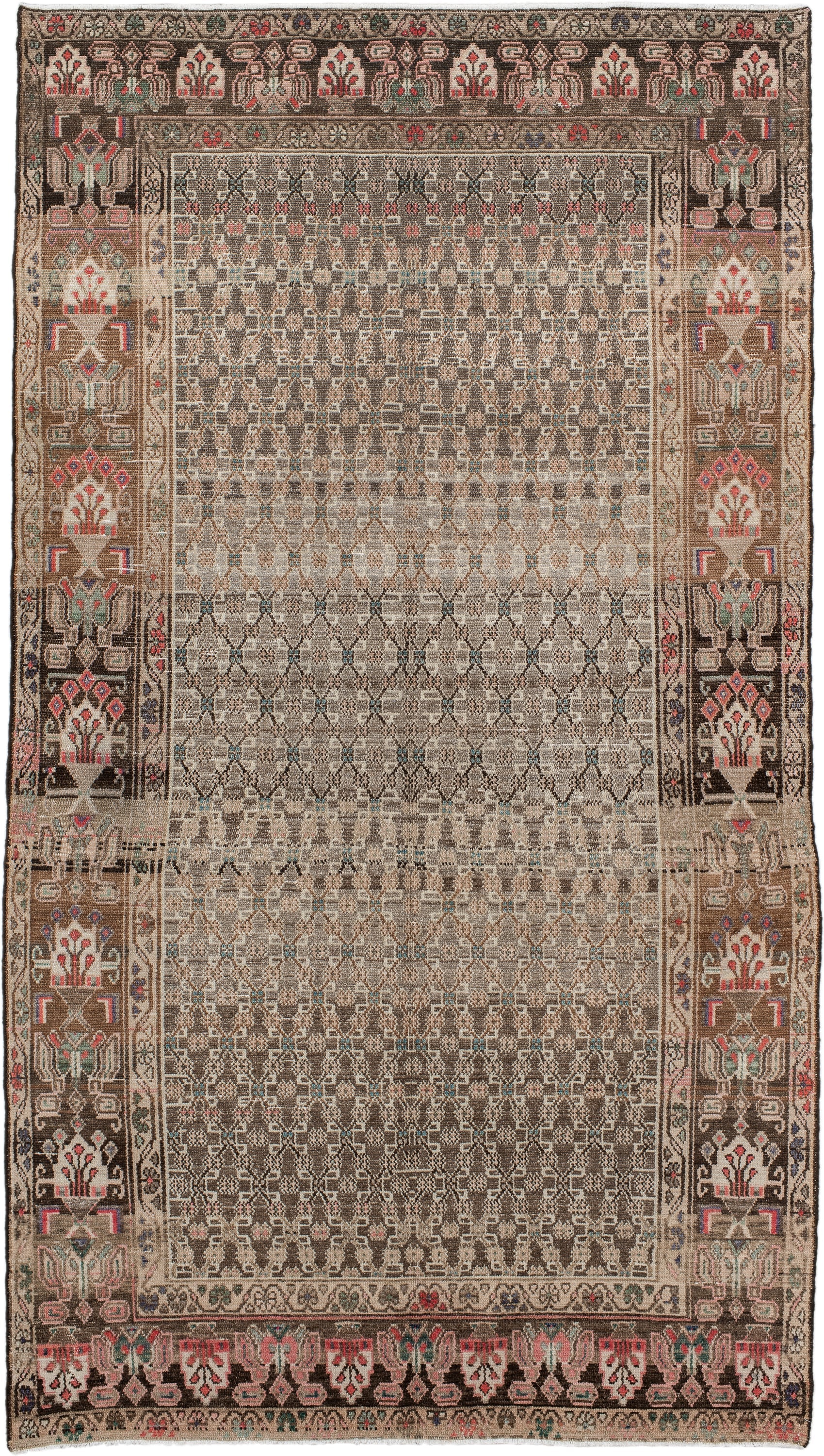 5' x 9' one-of-a-kind handmade antique Hamadan medium size rug. Color palette: taupe, ivory, brown, rose, sage, slate