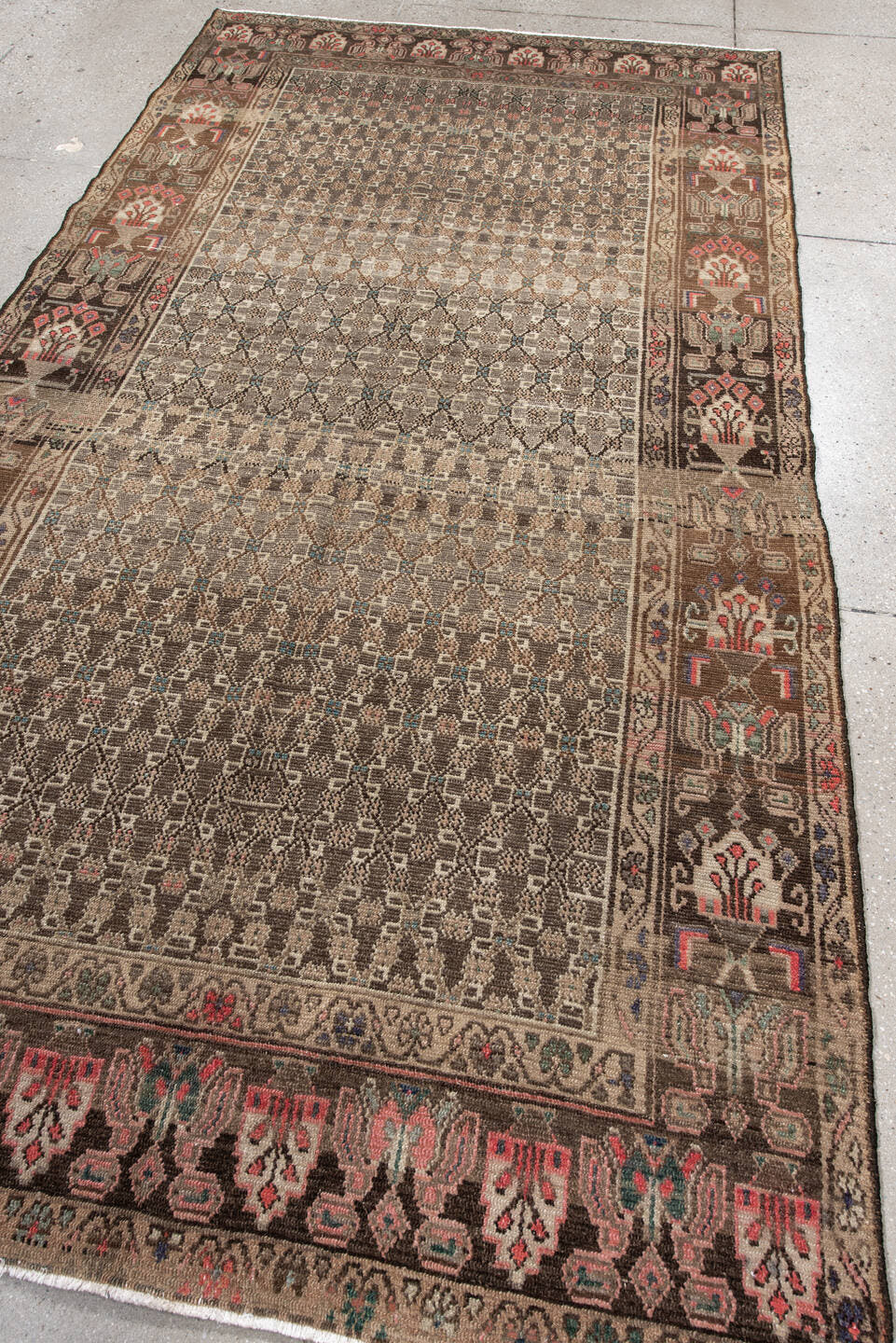 5' x 9' one-of-a-kind handmade antique Hamadan medium size rug. Color palette: taupe, ivory, brown, rose, sage, slate