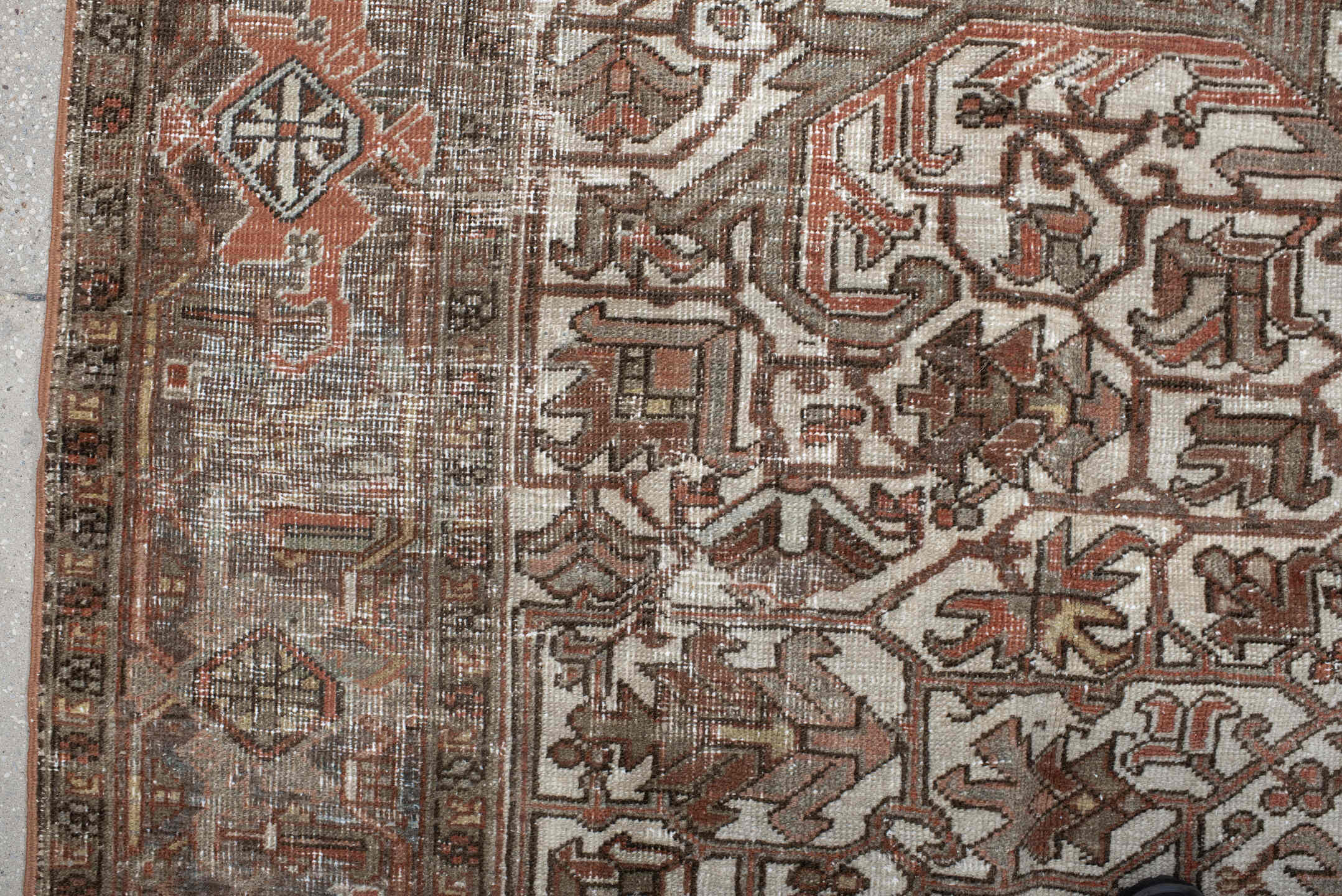 6' x 9' one-of-a-kind handmade antique Heriz medium size rug. Color palette: ivory, brown, sky_blue, rust, taupe, charcoal