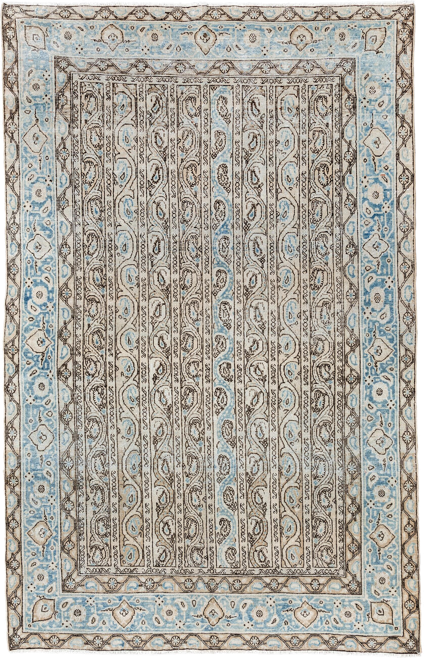 4' x 7' one-of-a-kind handmade antique Qum rug. Color palette: ivory, sky blue, taupe, brown, light blue, beige, gray