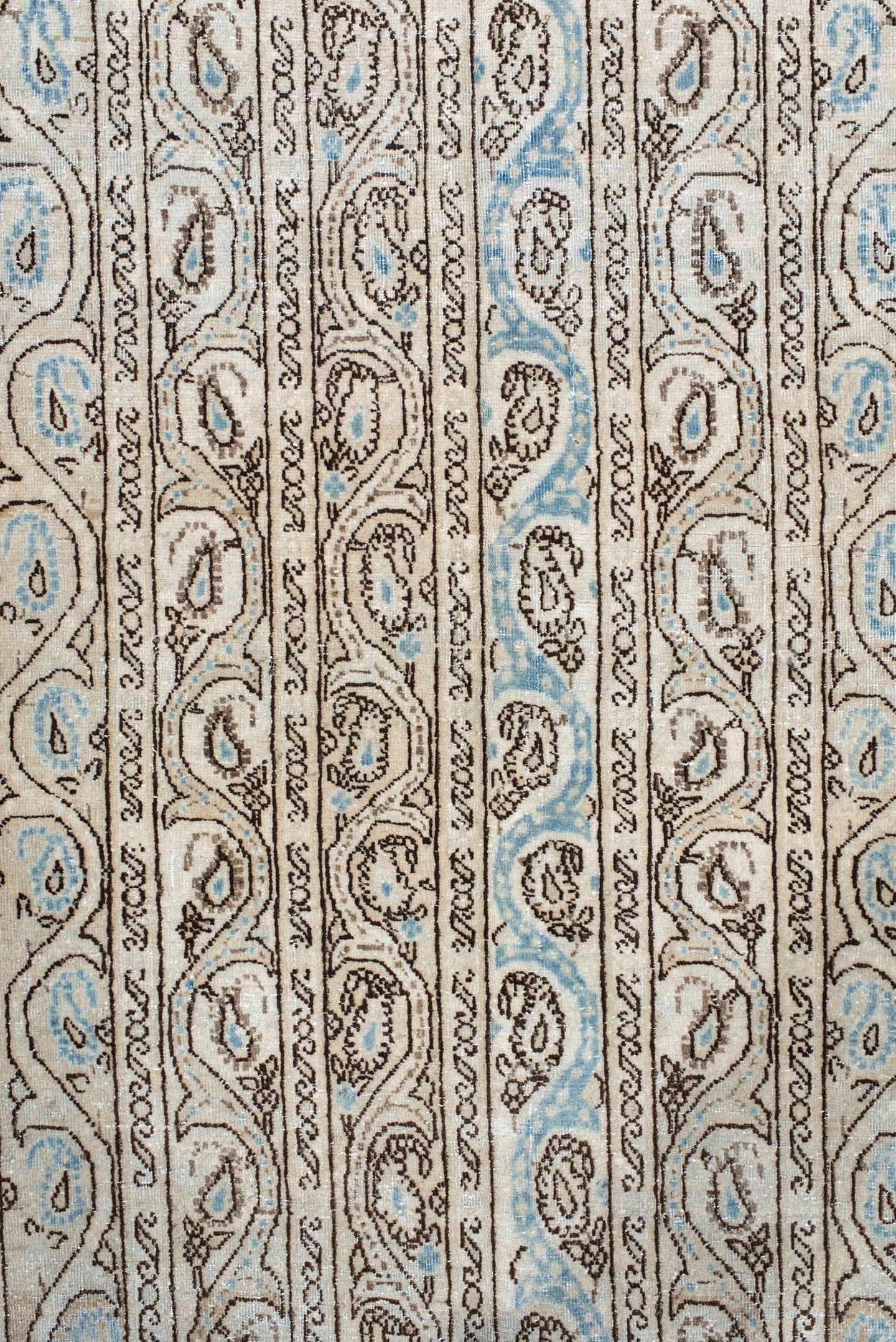 4' x 7' one-of-a-kind handmade antique Qum rug. Color palette: ivory, sky blue, taupe, brown, light blue, beige, gray