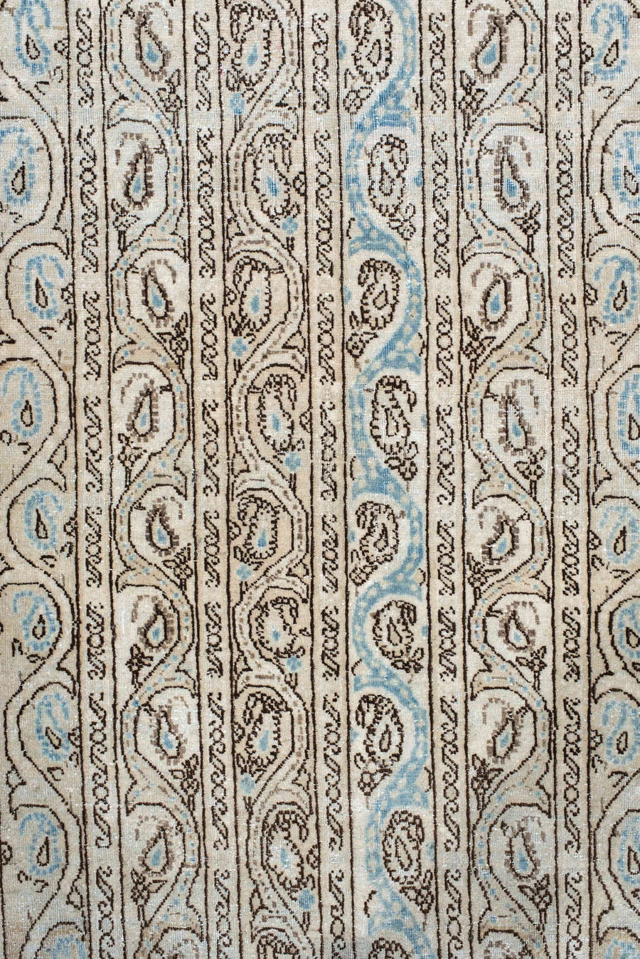 4' x 7' one-of-a-kind handmade antique Qum rug. Color palette: ivory, sky blue, taupe, brown, light blue, beige, gray