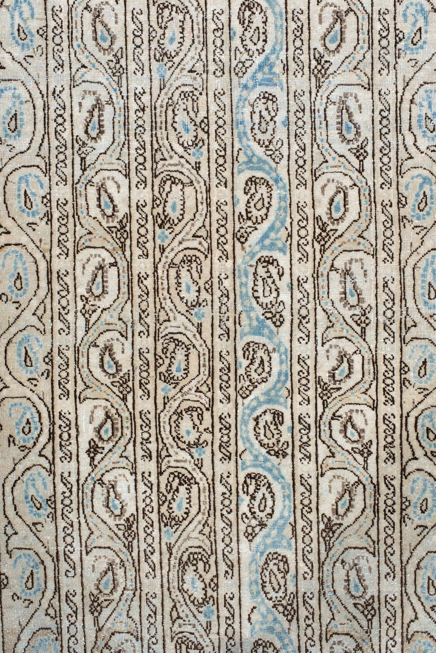 4' x 7' one-of-a-kind handmade antique Qum rug. Color palette: ivory, sky blue, taupe, brown, light blue, beige, gray