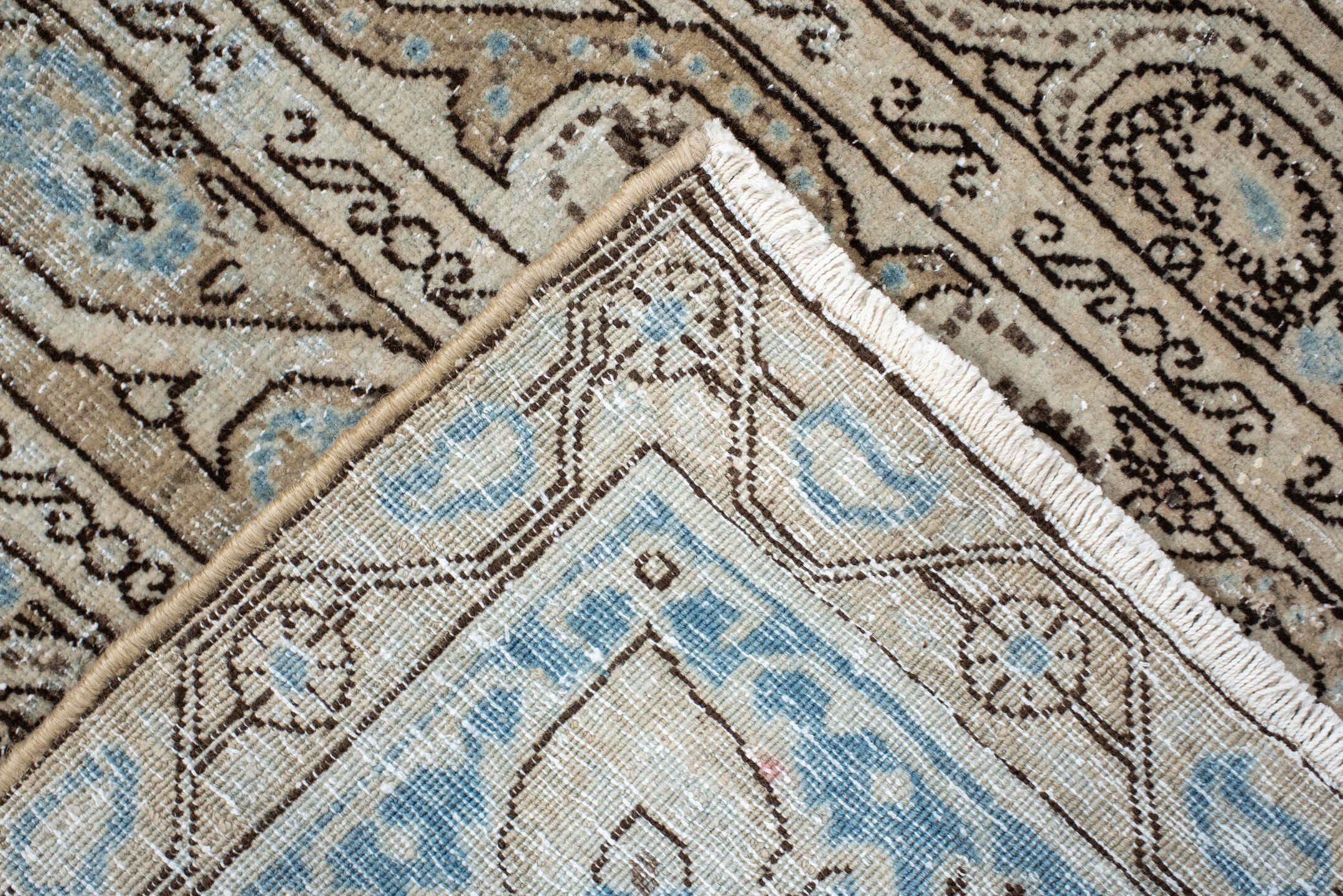 4' x 7' one-of-a-kind handmade antique Qum rug. Color palette: ivory, sky blue, taupe, brown, light blue, beige, gray