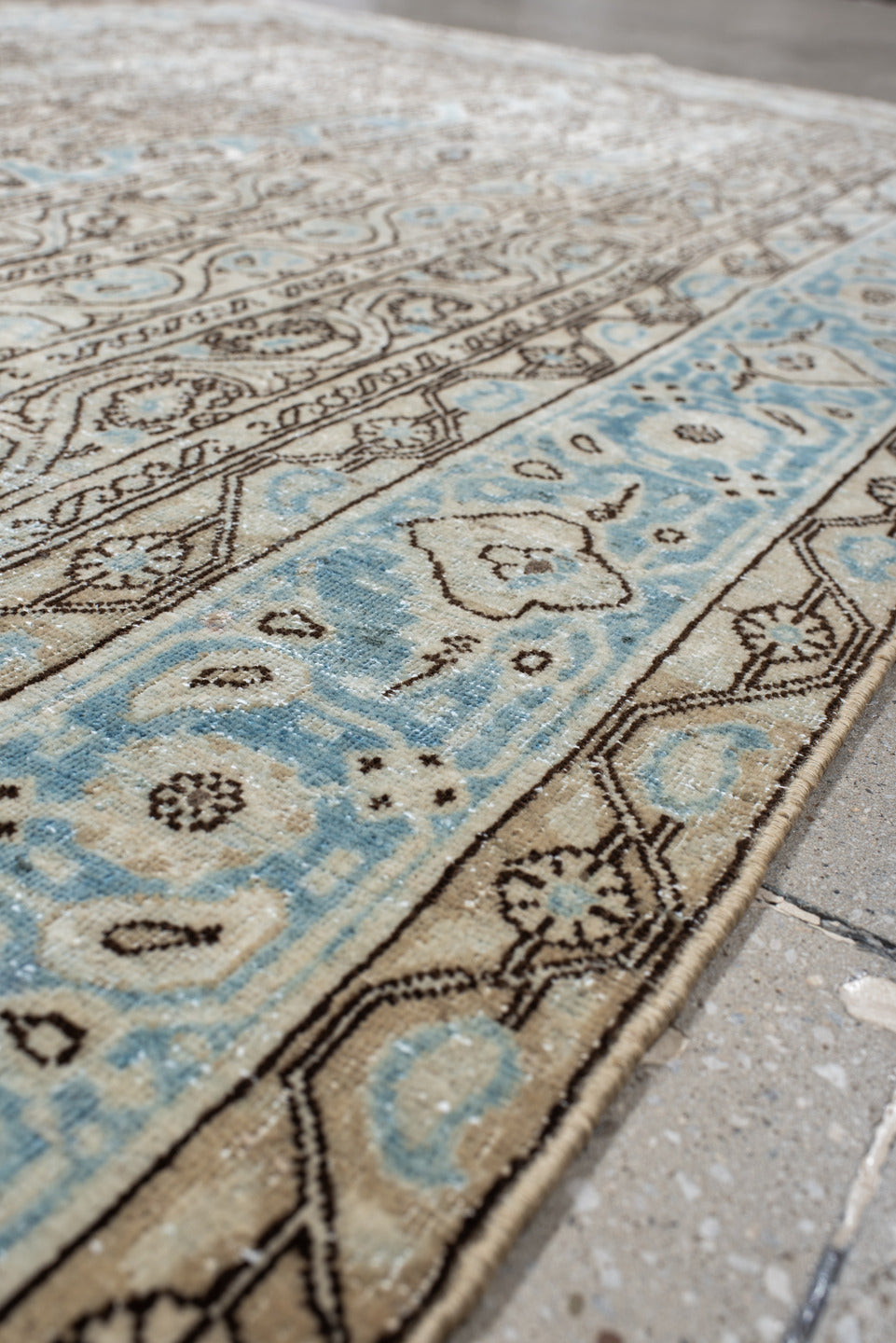4' x 7' one-of-a-kind handmade antique Qum rug. Color palette: ivory, sky blue, taupe, brown, light blue, beige, gray