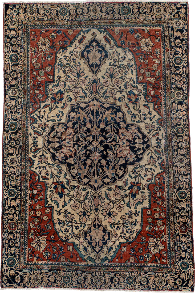 3' x 4' one-of-a-kind handmade antique Far.Sarouk small size rug. Color palette: ivory, navy, rust, slate, camel, teal, blue