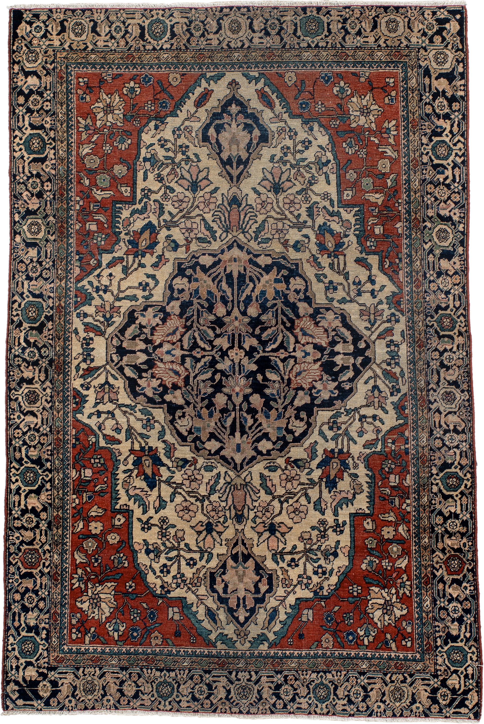 3' x 4' one-of-a-kind handmade antique Far.Sarouk small size rug. Color palette: ivory, navy, rust, slate, camel, teal, blue