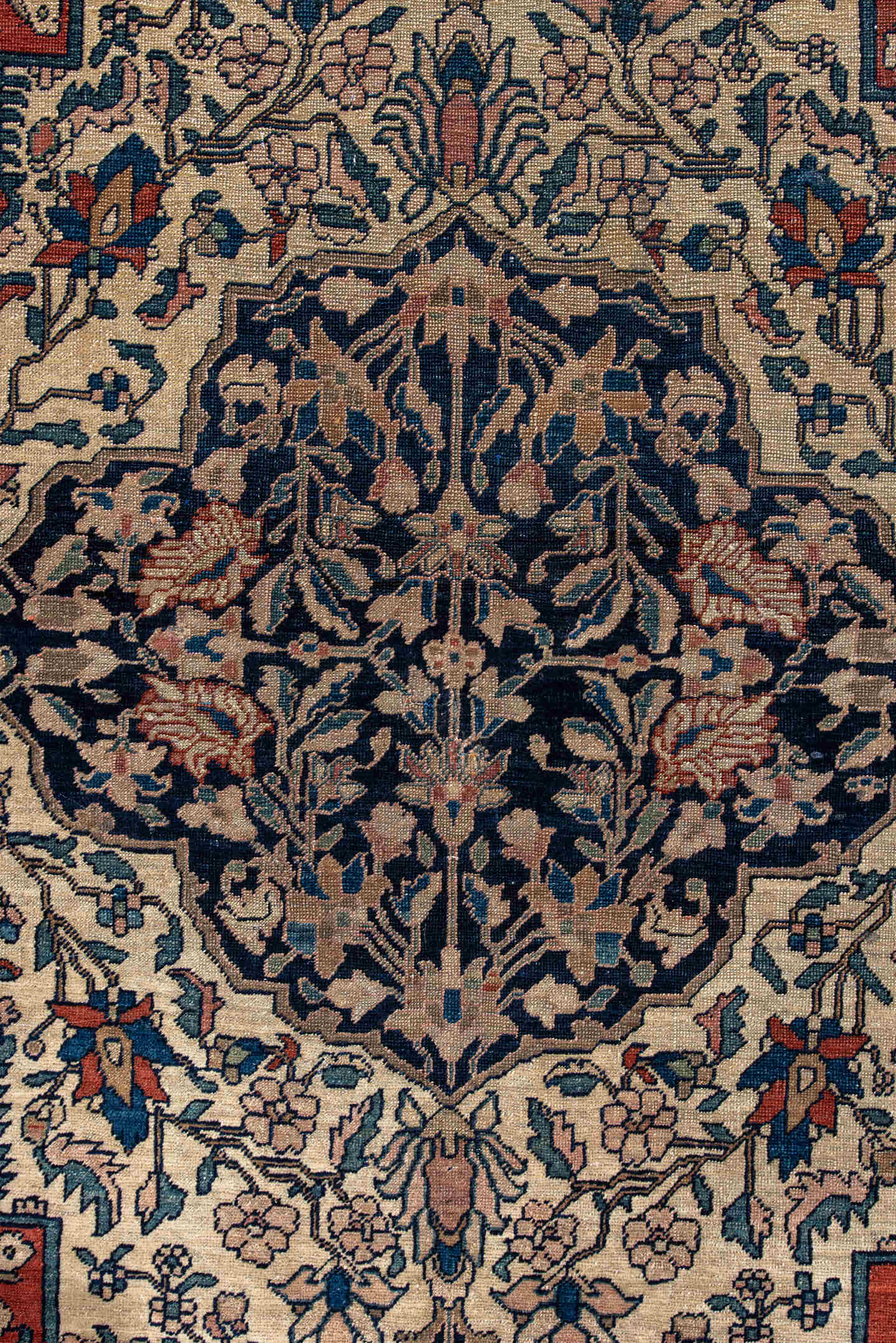 3' x 4' one-of-a-kind handmade antique Far.Sarouk small size rug. Color palette: ivory, navy, rust, slate, camel, teal, blue