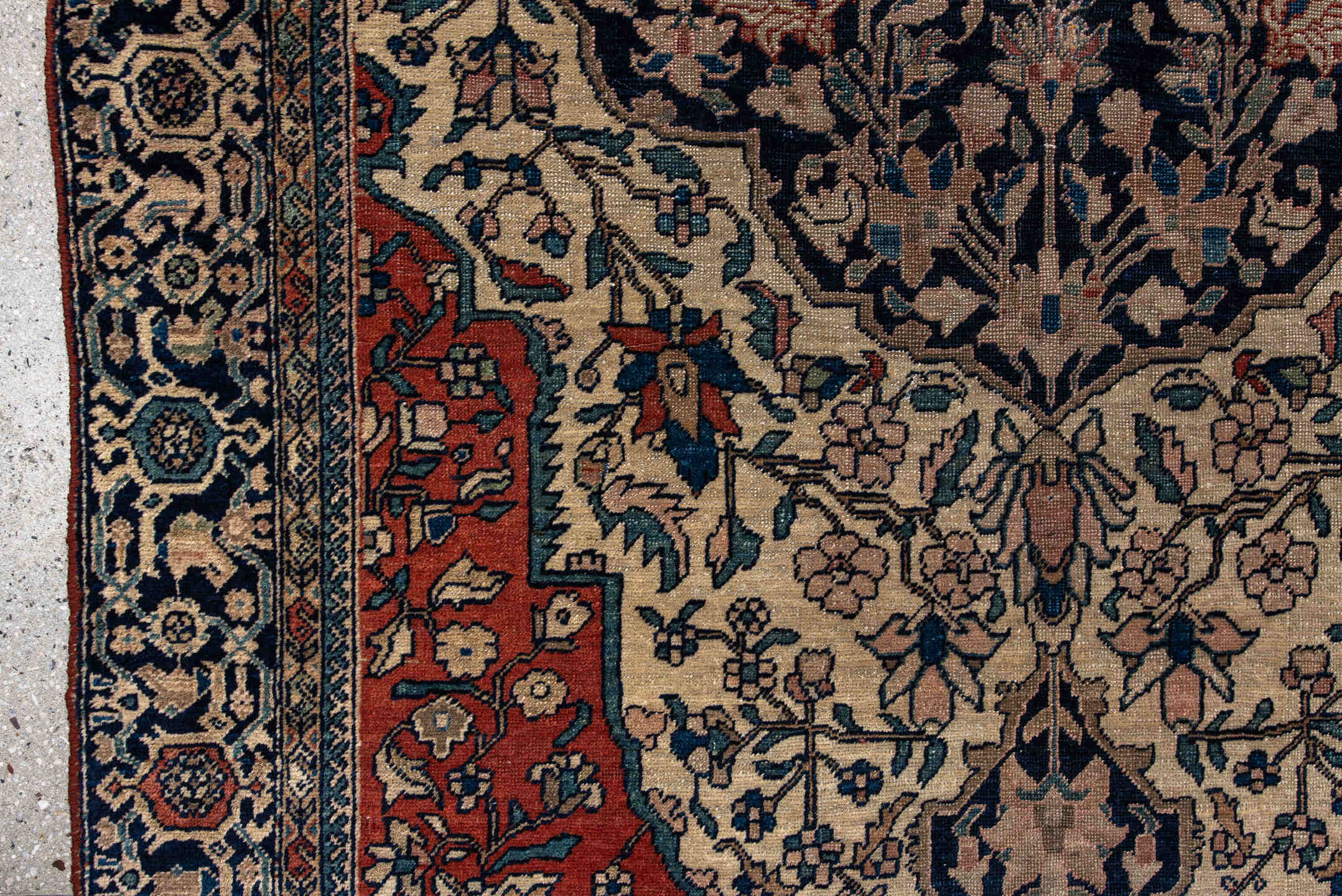 3' x 4' one-of-a-kind handmade antique Far.Sarouk small size rug. Color palette: ivory, navy, rust, slate, camel, teal, blue