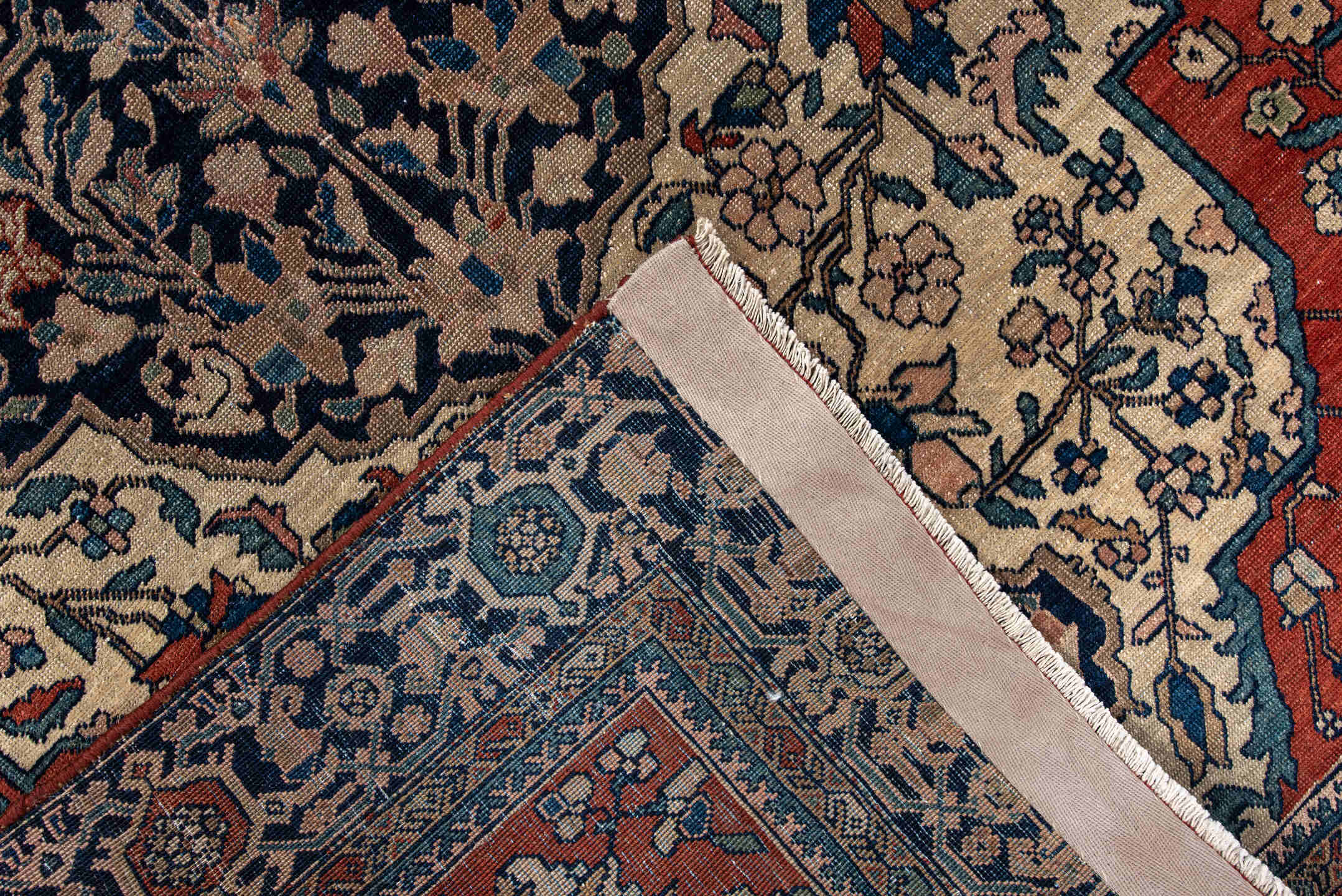 3' x 4' one-of-a-kind handmade antique Far.Sarouk small size rug. Color palette: ivory, navy, rust, slate, camel, teal, blue